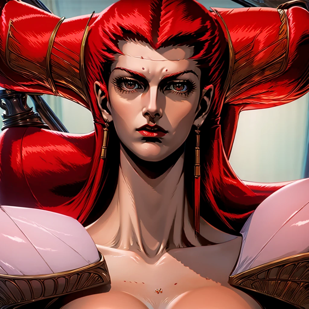 naked, red skin, muscular body, Carmilla,large breasts, powerful,beautiful face, long red hair