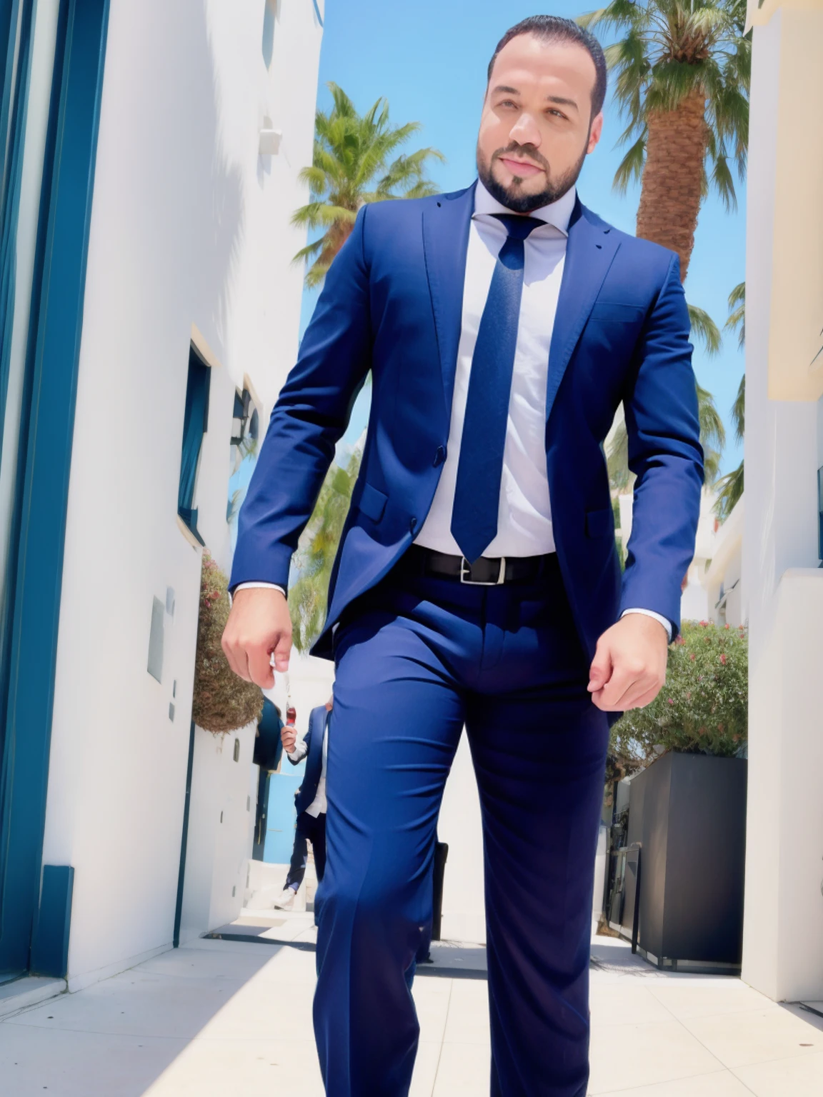 Standing on a beautiful street, revving the engine with a devilish grin.,Entourage,Ari Gold, the fictional talent agent from “Entourage,” is known for his sharp, polished appearance, often seen in designer suits that complement his fast-paced, high-powered lifestyle in Hollywood. He has a confident, assertive demeanor, characterized by his brisk walk and intense, focused expressions.