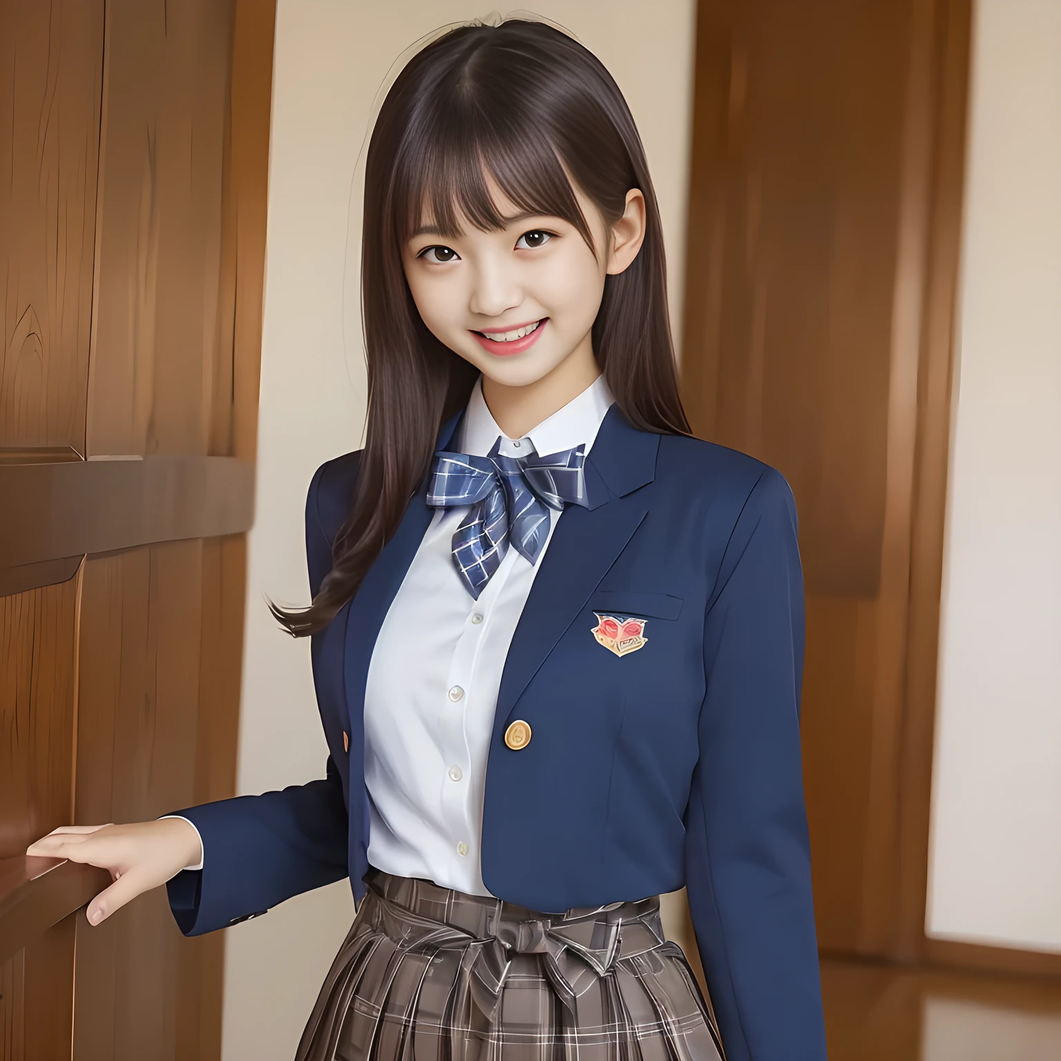 (Highest quality, masterpiece:1.2), Highest quality, High resolution, 1080P, 8k, height: 165cm, ((A noble, graceful and intelligent girl who looks like a best proportion Japanese young lady is turning around and giggling in a strong wind)), ((So sweet, very noble, neat, and pretty Japanese beautiful cute girl)), ((A real, very girly, sweet, cute and noble girl)), ((((A beautiful Japanese cute fashion model)))), ((((Very pure white face and limbs)))), Glossy Lips, (Evenly cut bangs), ((Very beautiful, droopy, cute, pure, noble brown eyes)), ((Super long, black straight hair that reaches the floor)), (Very shiny, glossy Lips), ((Beautiful straight hair like a school promotion model)), Watch at you, ((Incredibly well organized, Rich facial expressions)), ((Plump and beautiful white skin and face)), ((Pure, clear, gentle brown eyes)), ((staring at me)), Glossy Lips, ((noble and elegant)), Very beautiful blue skirt, ((Large upward-curving lips)), White Hand, ((((Navy Japanese school blazer with noble golden emblem)))), ((Navy and sapphire blue Japanese school uniform)), ((Tartan check pattern pleated long skirt)), ((Cobalt blue string chest ribbon)), ((((An ecstatic expression of boundless joy)))), ((plain white background)), ((perfect body)), (((hair beauty magazine for young girls)))