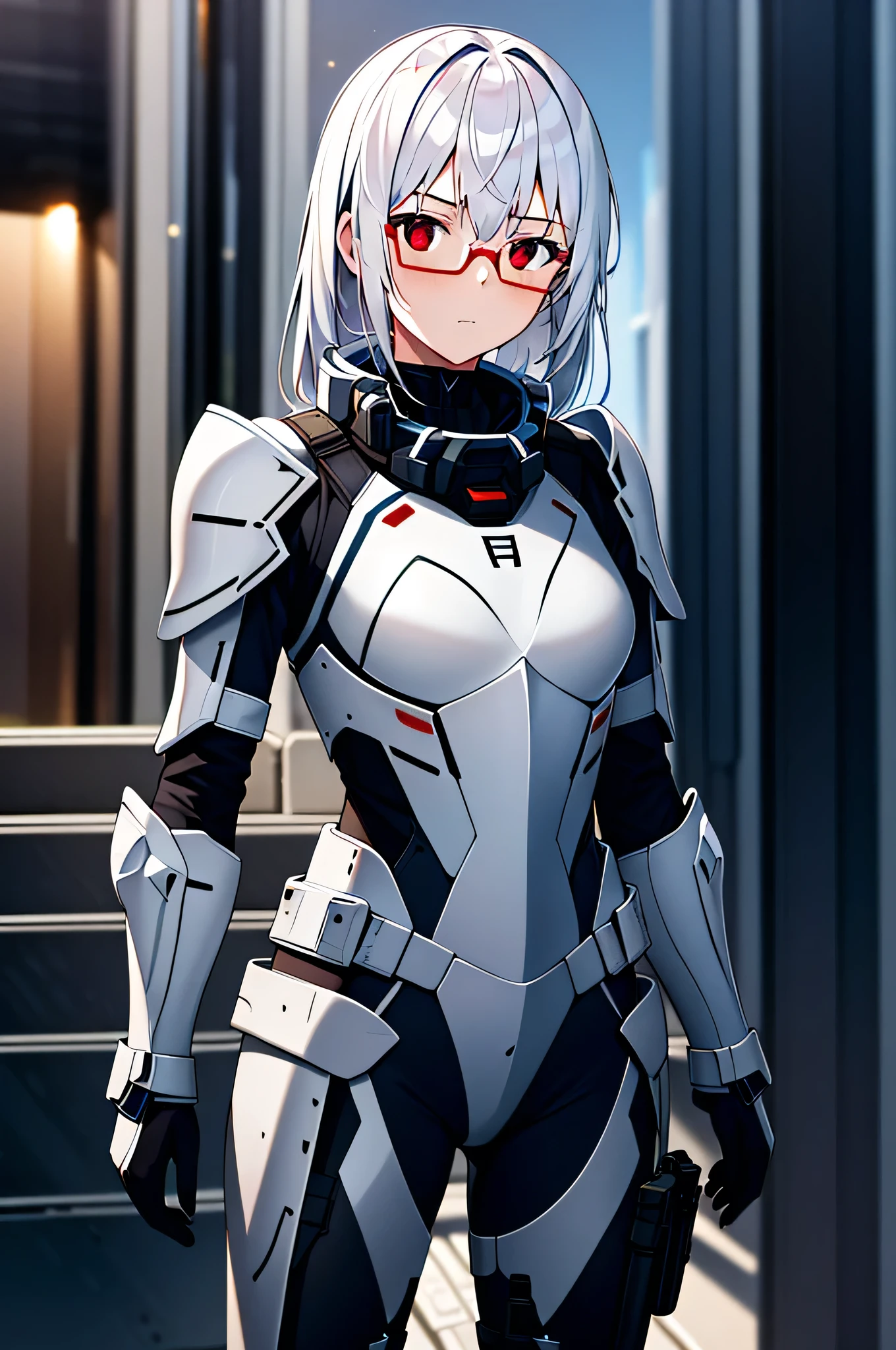 Masterpiece, solo, female, 1girl, 4k, standing, outdoor, white hair, white glasses, short, futuristic black soldier armor, cowboy shot's, Bokeh,red eyes, female soldier, bulletproof soldier armor, flat breast, flat chest, mature women, space soldier armor, guns holster 