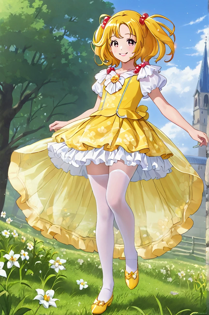 10 year old girl underwear, Smile Precure、Realistic bloomers made from patterned cotton fabric, Medieval one-piece dress with panniers, Fabric Realism, Low - Angle, I see bloomers, Pull up the dress by hand, Strong winds, Translucent slip, Translucent slip, tights, Highest quality,  whole body