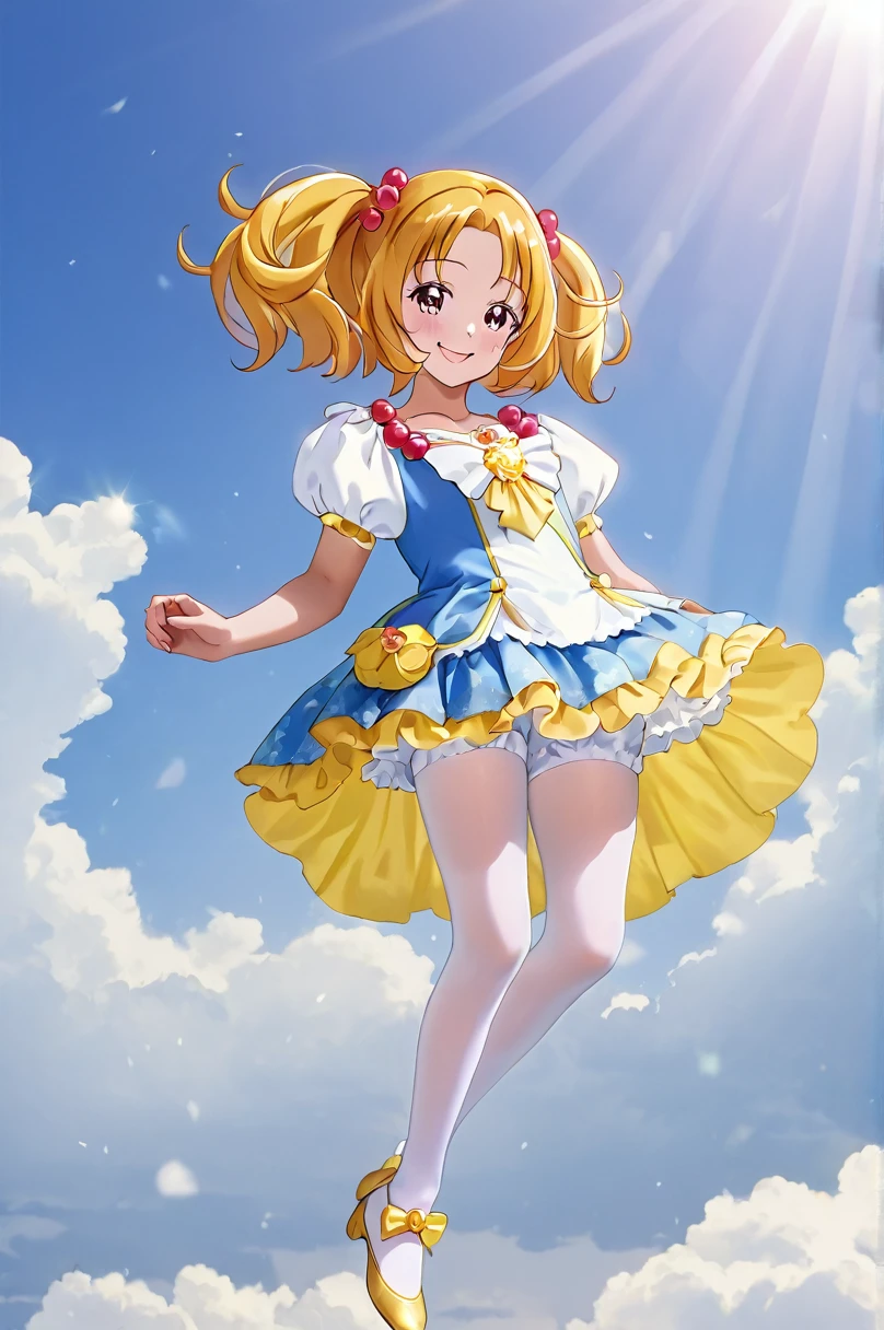 10 year old girl underwear, Smile Precure、Realistic bloomers made from patterned cotton fabric, Medieval one-piece dress with panniers, Fabric Realism, Low - Angle, I see bloomers, Pull up the dress by hand, Strong winds, Translucent slip, Translucent slip, tights, Highest quality,  whole body