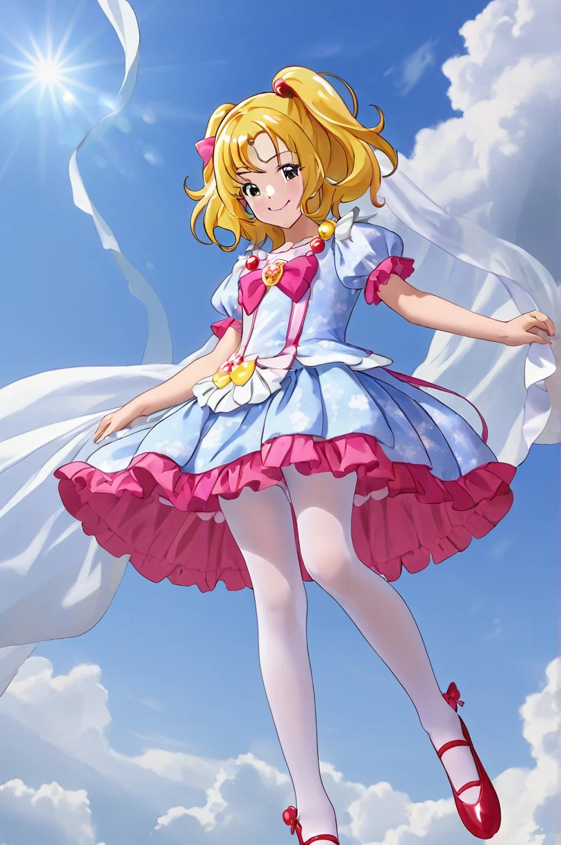 10 year old girl underwear, Smile Precure、Realistic bloomers made from patterned cotton fabric, Medieval one-piece dress with panniers, Fabric Realism, Low - Angle, I see bloomers, Pull up the dress by hand, Strong winds, Translucent slip, Translucent slip, tights, Highest quality,  whole body