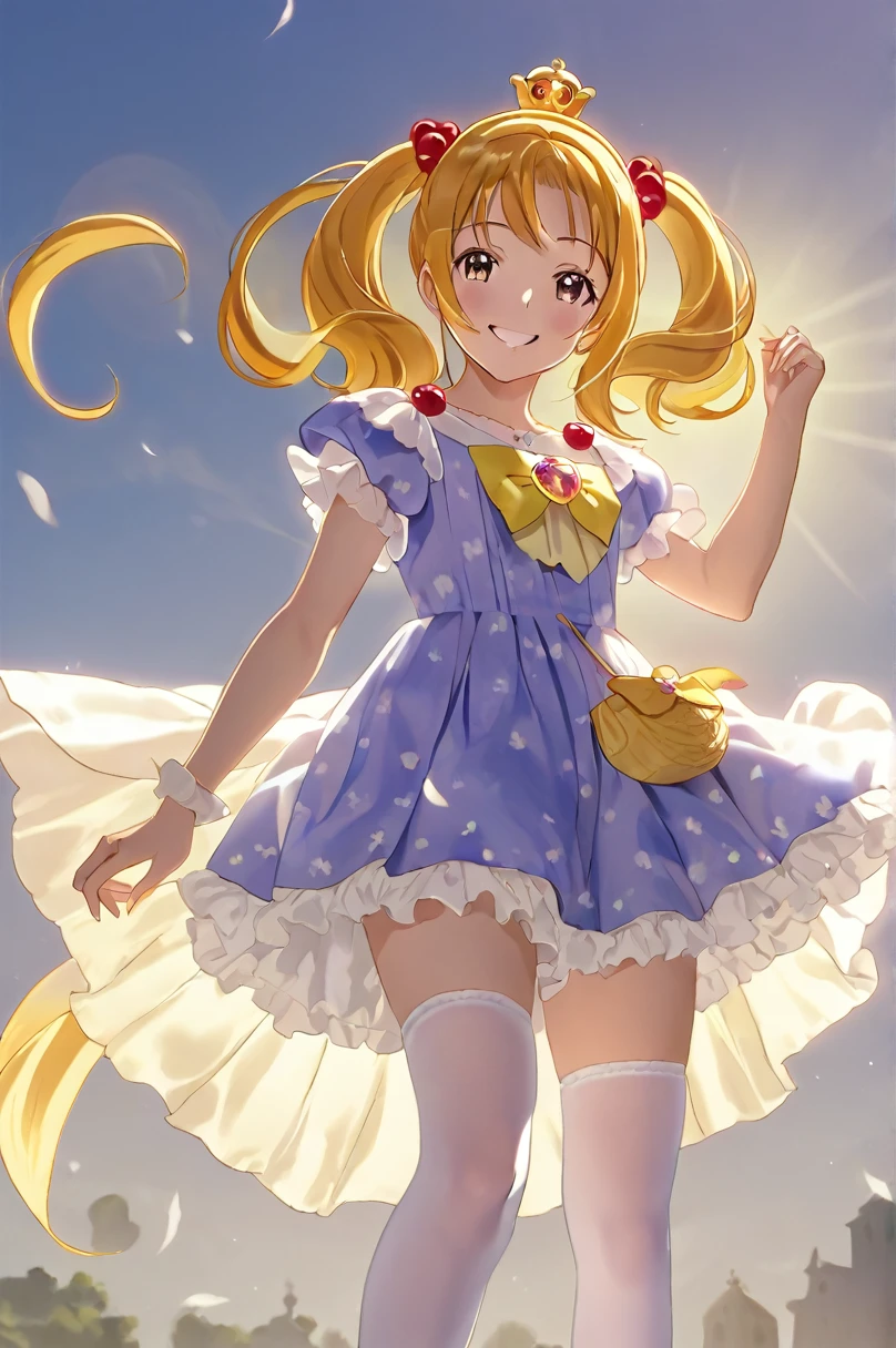 10 year old girl underwear, Smile Precure、Realistic bloomers made from patterned cotton fabric, Medieval one-piece dress with panniers, Fabric Realism, Low - Angle, I see bloomers, Pull up the dress by hand, Strong winds, Translucent slip, Translucent slip, tights, Highest quality,  whole body