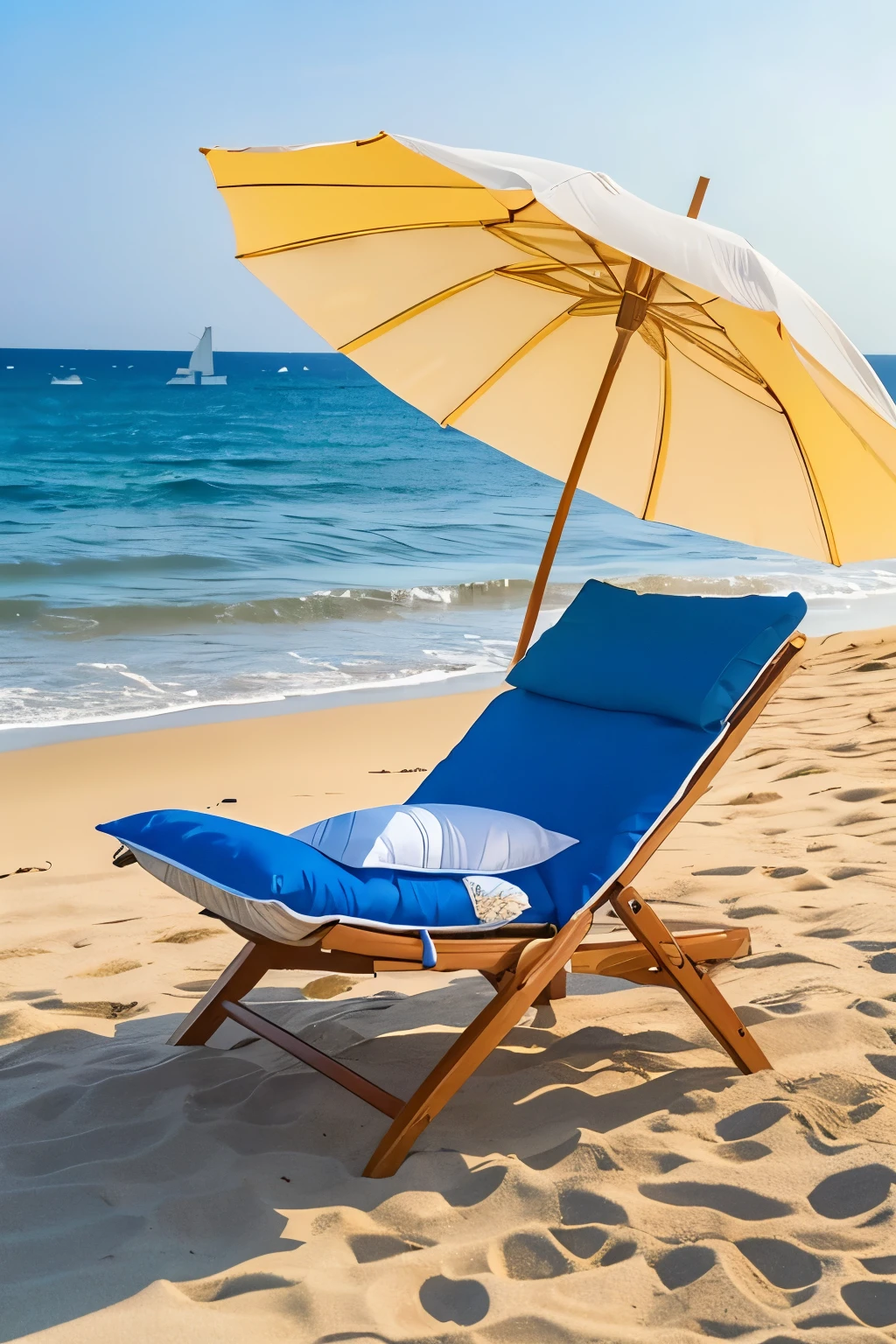 ((Best quality, 8k, Masterpiece :1.3)), A serene beach setting, featuring:
1. **Beach chair**: 1 luxurious, wooden beach chair, showcasing intricate carvings and a plush, sun-kissed cushion, creates an inviting space for relaxation.
2. **Sun umbrella**: A vibrant, oversized sun umbrella, boasting blue and white stripes, positioned nearby, shielding from the sun's radiant rays.
3. **Fine white sand**: Delicate, pristine white sand, adorned with delicate seashells, sprawls around the seating area.