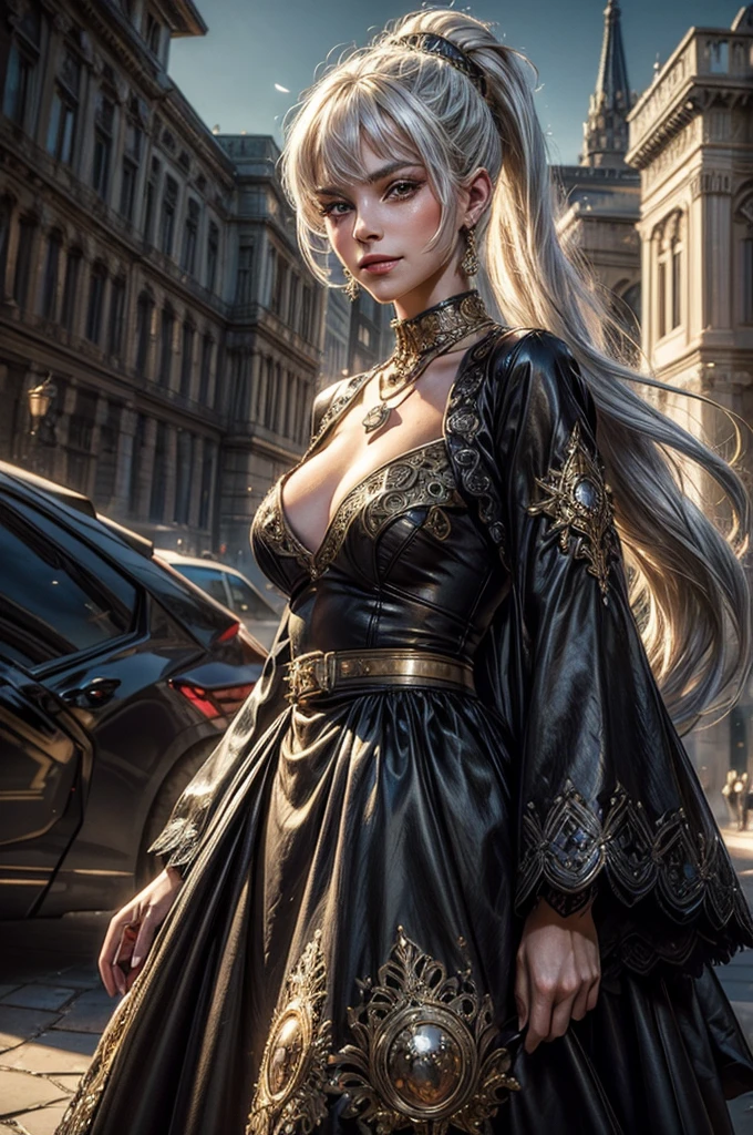 (masterpiece, best quality:1.2), cowboy shot, weissvale, smile, closed mouth,  looking at viewer, long white hair, side ponytail, scar above eye, scar below eye, gold gala dress,  jewelry, necklace, earrings, future_urban, outdoors, standing outside ornate palace, elegant crowd arriving for gala,  futuristic cars, (volumetric lighting), intricate details, tonemapping, sharp focus, hyper detailed 