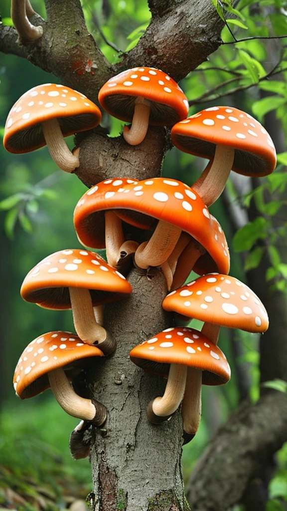 Big mushroom growing on a tree, orange mushroom, poisonous mushroom, one tree, one mushroom