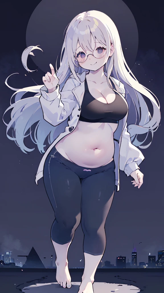 cement wall, Beautiful shades, (standing:1.5), city background, sunlight reflection, soft shading, Dynamic Pose Dynamic Angle, [ 4k digital art ]!!,(big bust, prominent cleavage:1.5), (Black eyes with a slight purple tint:1.5), (a devastated expression, dead eyes, dark atmosphere:1.5), (Very white and long hair with a bluish tint, weak perm:1.5), (sports bra, extra long sports jacket, micro pants, :1.5), (bare foot, round-rimmed glasses:1.5), (Aegyo belly fat:1.5), (smiling faintly:1.5),