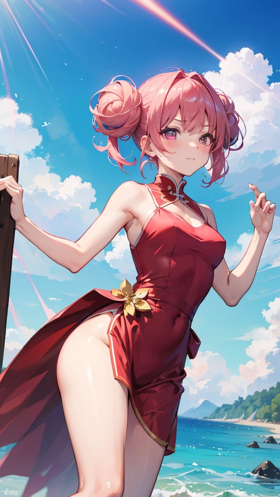Highest quality, Super detailed, Highest quality, Very detailed, beautiful, masterpiece, 8k, 
1 Female, Pink Hair, short hair, Pink Eyes, Very detailed目, China dress, red dress, double buns
, (Executing a high kick:1.5), (Evil Smile 1.5),  (Staring at the audience:1.5),  (Embarrassing,blush:1.3),(Ecstasy:1.3) ,(Vulgarity:1.3),(Sweat:0.8), reflective water, beach, blue sky, thron
