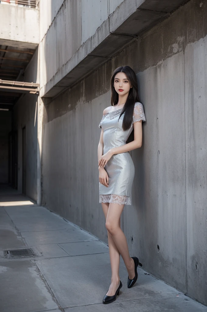 (((best quality))),(((ultra detailed))),(((masterpiece))),illustration,((1 beautiful girl,solo)),((slim,thin)),((small breasts,flat chest)),(shoulder length straight hair:1.2),summer afternoon,((unfinished concrete room,alluring,gray walls)),(short sleeves:1.2),(black lace dress:1.3),(slender legs:1.2),(loafers:1.2),seductive,elegant,full bosom,fair skin,golden strands,delicate features,deep brown eyes,mischief,mystery,enchanting smile,vibrant red lips,serene beauty,self-assuredness,industrial ambiance,raw cement walls,exposed pipes,sexuality,allure,refined beauty,compelling visual narrative,seductive gaze,elegant posture,industrial backdrop,lasting impression,((standing,from front,full body))