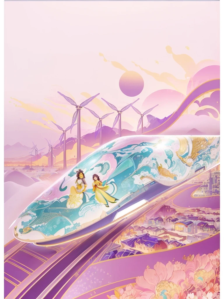 a girl in a disney princess dress riding a train through a futuristic landscape with wind turbines, inspired by the art of chen jiasui, vibrant travel poster, 6k, 2020s promotional art, illustration poster, animated print poster, detailed bathroom and keys and notepad, colorful illustration, commercial illustration, beautiful lamps and sun and mountains, a beautiful art illustration