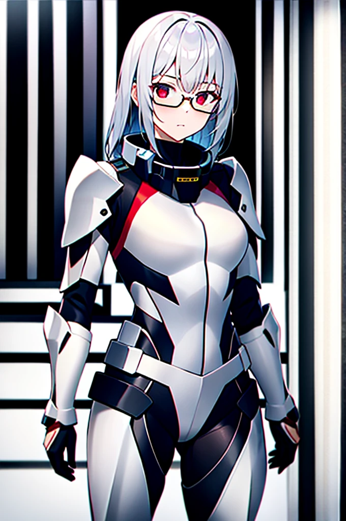 Masterpiece, solo, female, 1girl, 4k, standing, outdoor, white hair, white glasses, short, futuristic black soldier armor, cowboy shot's, Bokeh,red eyes, female soldier, bulletproof soldier armor, flat breast, flat chest, mature women, space soldier armor, guns holster