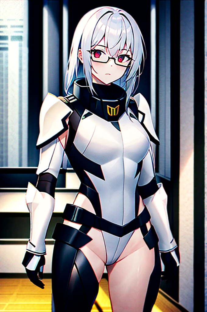 Masterpiece, solo, female, 1girl, 4k, standing, outdoor, white hair, white glasses, short, futuristic black soldier armor, cowboy shot's, Bokeh,red eyes, female soldier, bulletproof soldier armor, flat breast, flat chest, mature women, space soldier armor, guns holster 