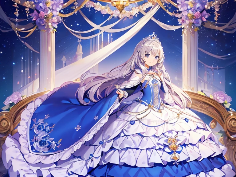 best quality,(long train blue cape:1.15),(long train white ball gown with floral decoration:1.15), a girl is wearing a cape over her dress, anime style, rococo style, little princess, tiara, kind smile, very long hair, small breast, perfect fingers, masterpiece