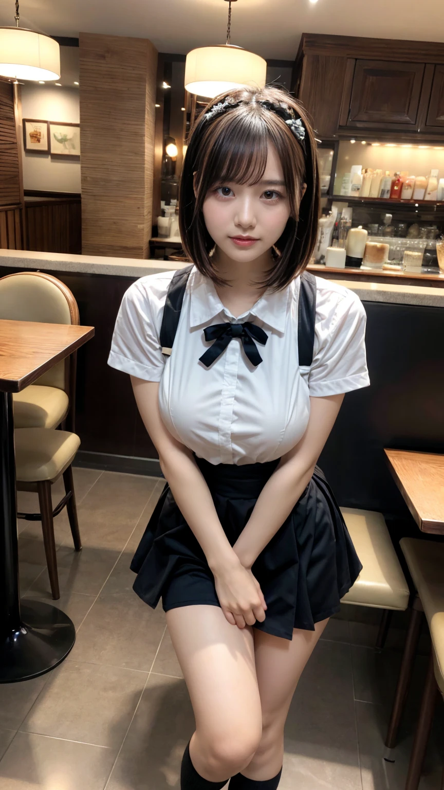 masterpiece, best quality, illustration, Super detailed, fine details, High resolution, 8K,wall paper, perfect dynamic composition,(Details High quality, realistic depiction of eyes:1.3), waitress uniform, restaurant, huge breasts, short bob hair、black hair color, Big Natural Color Lip, (perfect body shape), crying a little、Harajuku style、20 year old girl、cute type、lolita、beautiful legs, focus on crotch, full body photo, gravure idol
