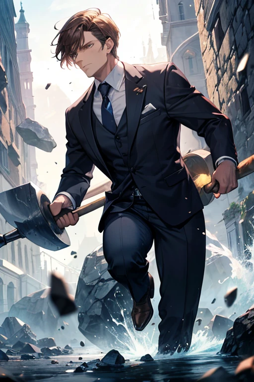 A man in a business suit smashing a rock with a giant hammer,handsome man,short hair,Bouncing Stone,Blowing Light,A tense face,shock wave,Medieval castle,Wind of Light