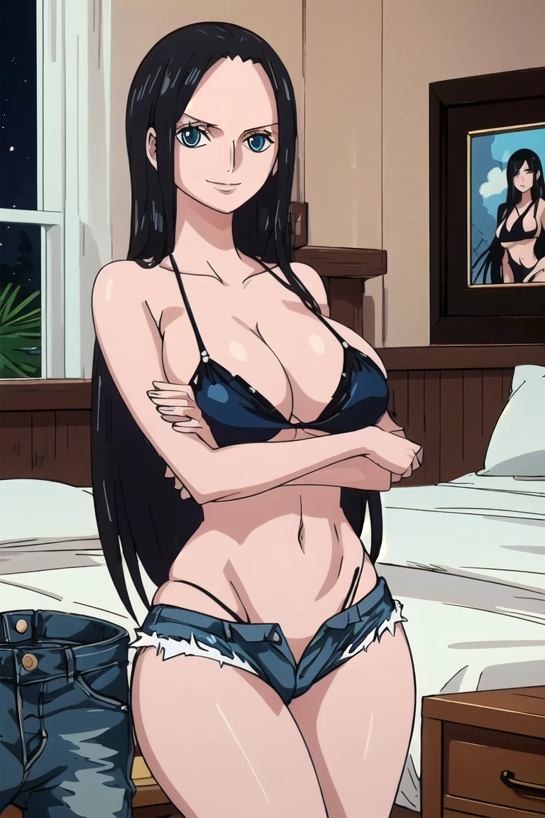 nico robin , ((long straight black hair )) , blue eyes  (8k, RAW photo, best quality, masterpiece:1.2), (intricate details) , detailed eyes , , big breasts , wide hips , milf body ,sexy body, perfect eyes, perfect face, perfect lighting, beautiful, (masterpiece:1.2), (best quality:1.2), 1girl, , micro bikini top , denim shorts , bedroom ,smile