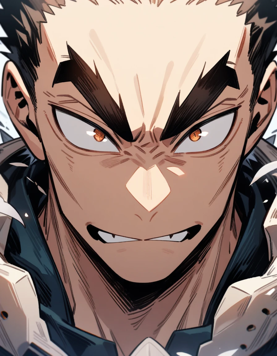 One boy, male focus, boku no hero academia, Face portrait, Oval face, strong jaw and high cheekbones. Soft but marked features. Slightly almond-shaped eyes framed by long, straight eyelashes, deep gaze. Expression of concentration. Thick eyebrows. masterpiece. best quality. very aesthetic. proportionally anatomical. Detailed illustration, foreground portrait.