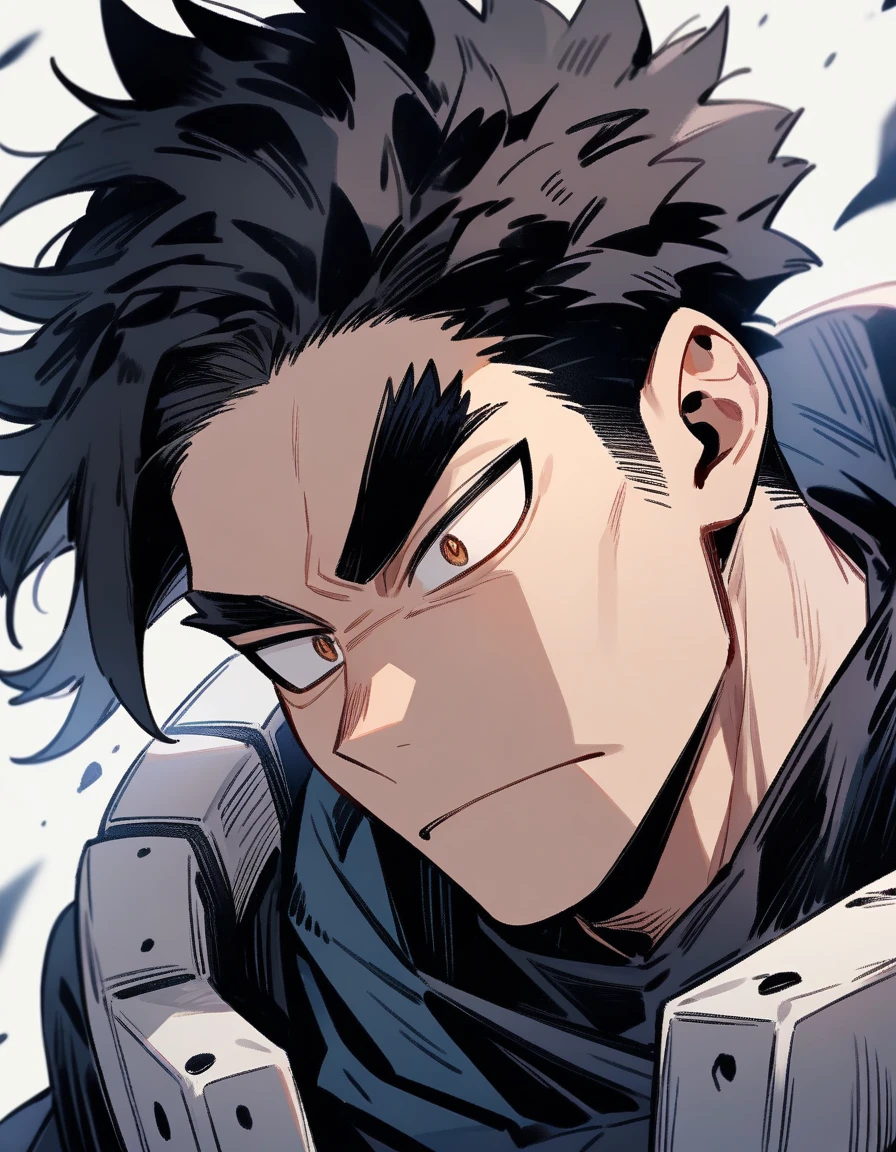 One boy, male focus, boku no hero academia, Face portrait, Oval face, strong jaw and high cheekbones. Soft but marked features. Slightly almond-shaped eyes framed by long, straight eyelashes, deep gaze. Expression of concentration. Thick eyebrows. masterpiece. best quality. very aesthetic. proportionally anatomical. Detailed illustration, foreground portrait. 