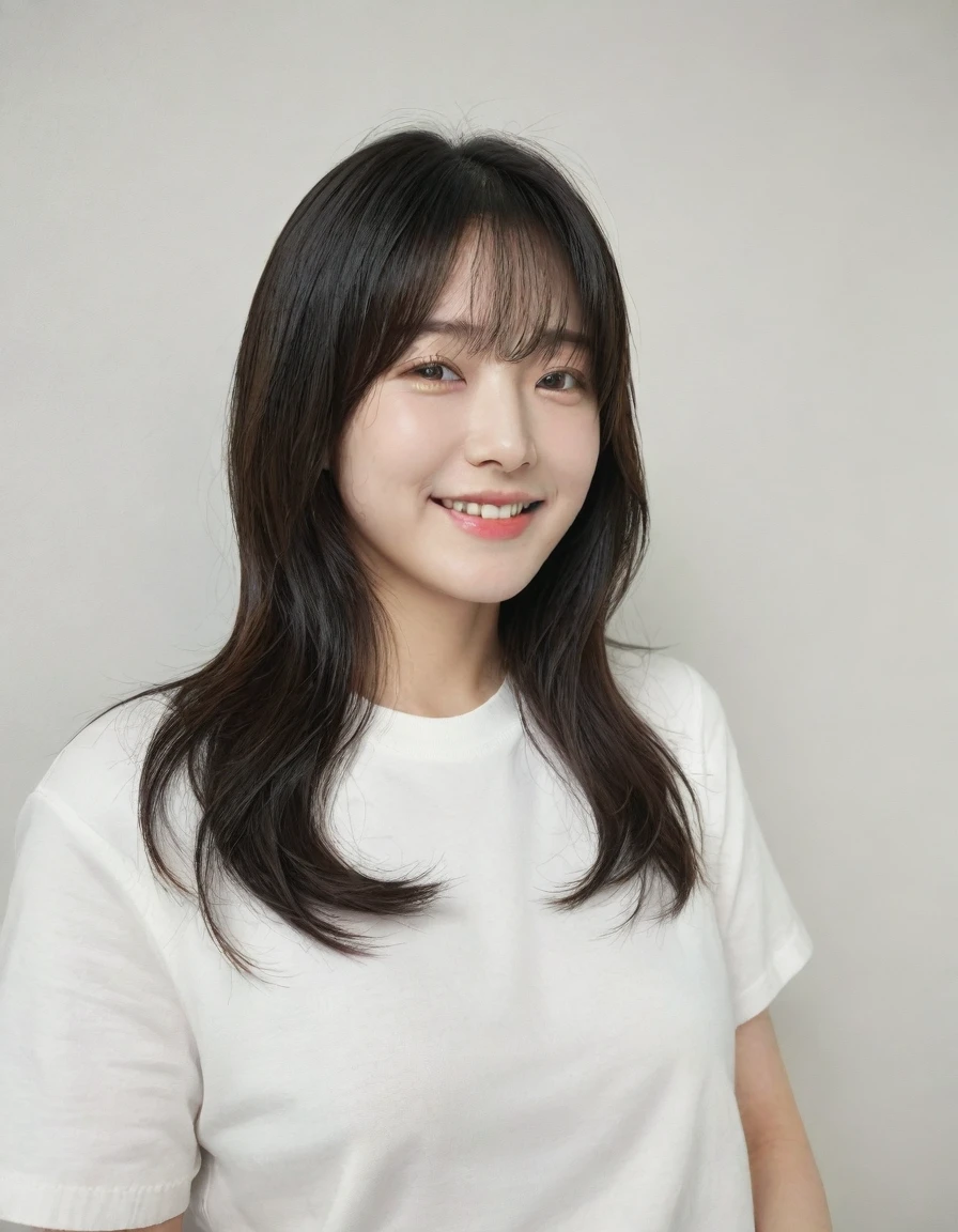 Best Quality, 8k, Masterpiece, (Portrait: 1.3), (photo realistic:1.4), (hyper realistic:1.4), Sharp Focus, looking at viewer, (smoother lighting:1.1), (increase cinematic lighting quality:0.9), realistic lighting, backlighting, light on face, ray trace, (brightening light:1.2), (Increase quality:1.4), sharp detail, (best quality real texture skin:1.4), finely detailed eyes, black_eyes, finely detailed face, 25 year old Korean woman,smiling_face