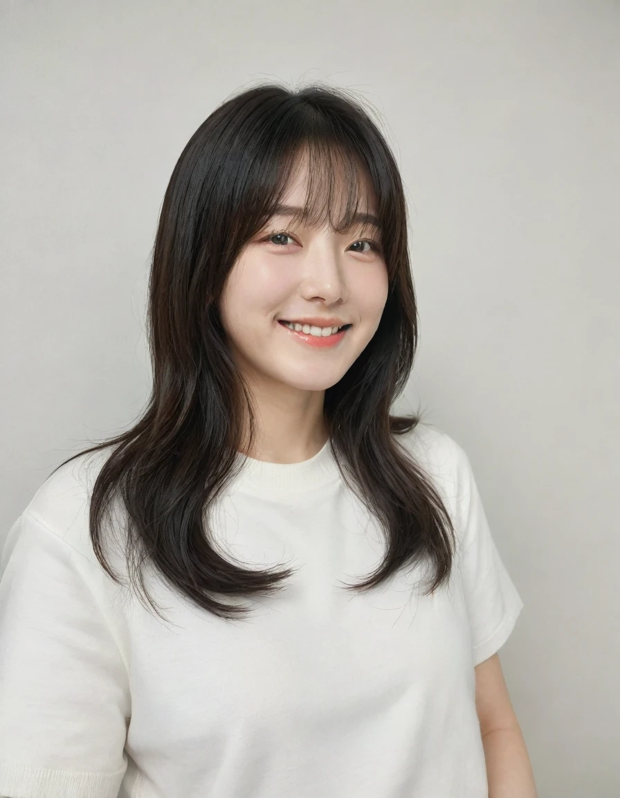 Best Quality, 8k, Masterpiece, (Portrait: 1.3), (photo realistic:1.4), (hyper realistic:1.4), Sharp Focus, looking at viewer, (smoother lighting:1.1), (increase cinematic lighting quality:0.9), realistic lighting, backlighting, light on face, ray trace, (brightening light:1.2), (Increase quality:1.4), sharp detail, (best quality real texture skin:1.4), finely detailed eyes, black_eyes, finely detailed face, 25 year old Korean woman,smiling_face