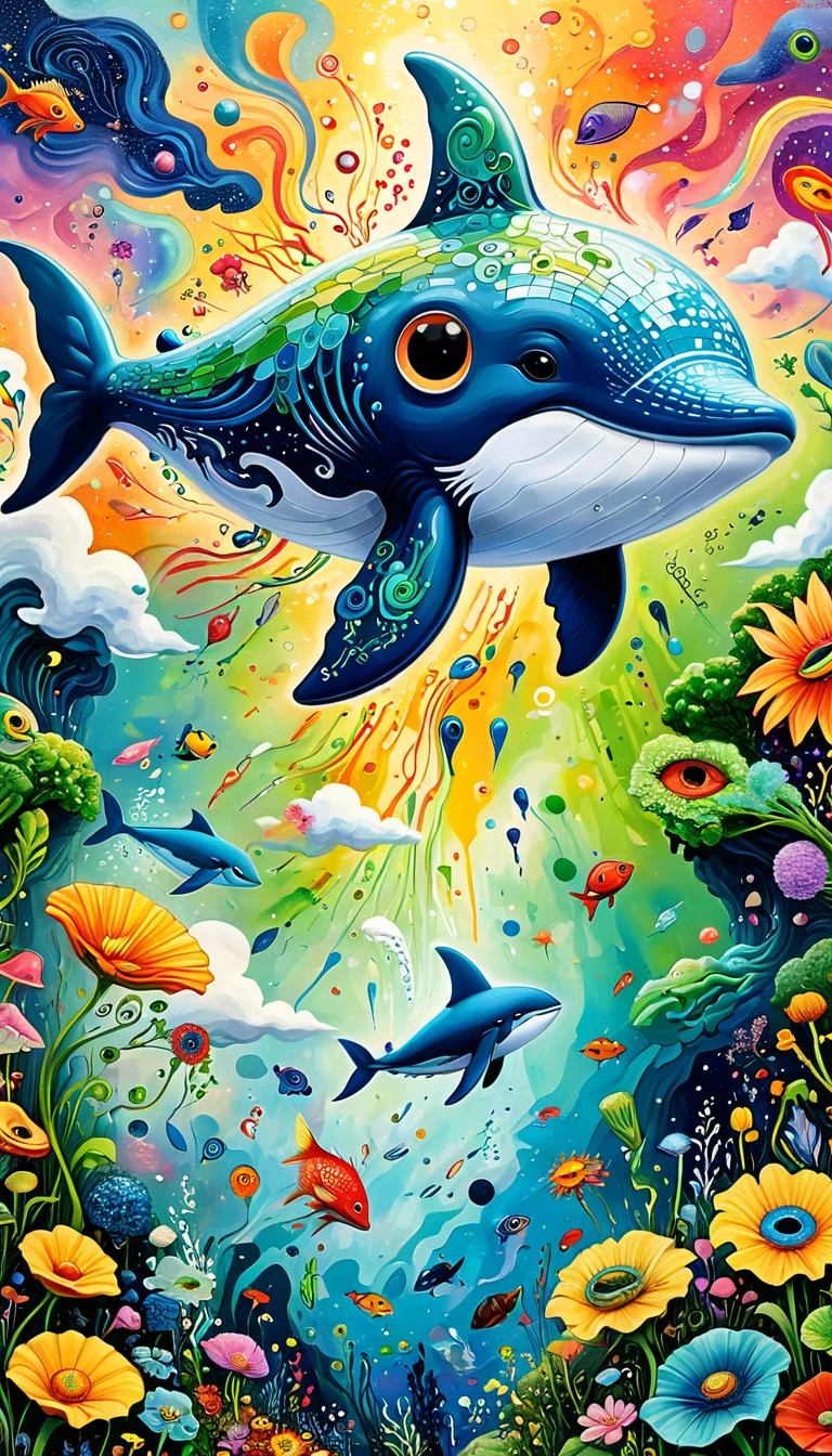 Children's graffiti,Thick coating,Concave and convex texture,Oil pastel strokes:Artists from the stars,Child,Flying Whale:1.37、Eruption Cloud、flowesh、章fish触手瀑布。、bird、(((Eye)))、diatom,Abstract mosaic painting,Describing the inner world of autistic people,Large area of white,interesting,Innocence,Vision,Psychedelic Art,