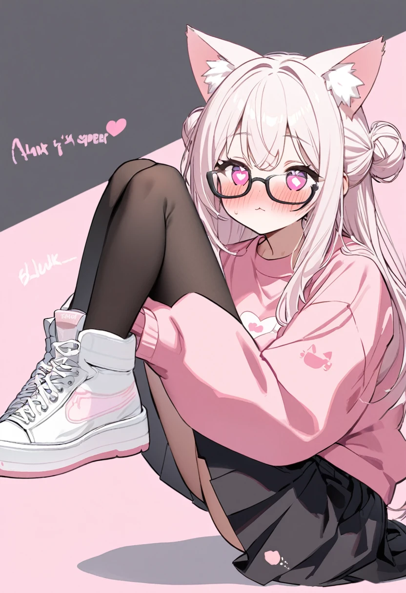 I have white pink hair, cat ears, a bun, my face is super blushing, black glasses, pink heart eyes, a big pink sweatshirt, a black skirt, black stockings, white shoes, a cat&#39;s tail, a girl. very shy that her parents are millionaires