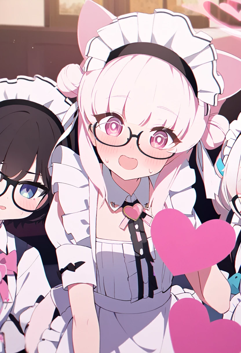 I have white pink hair, cat ears, a bun, my face is super blushing, black glasses, pink heart eyes, a maid's outfit, white stockings, white shoes, a cat's tail, a very shy girl sitting on a table. bed