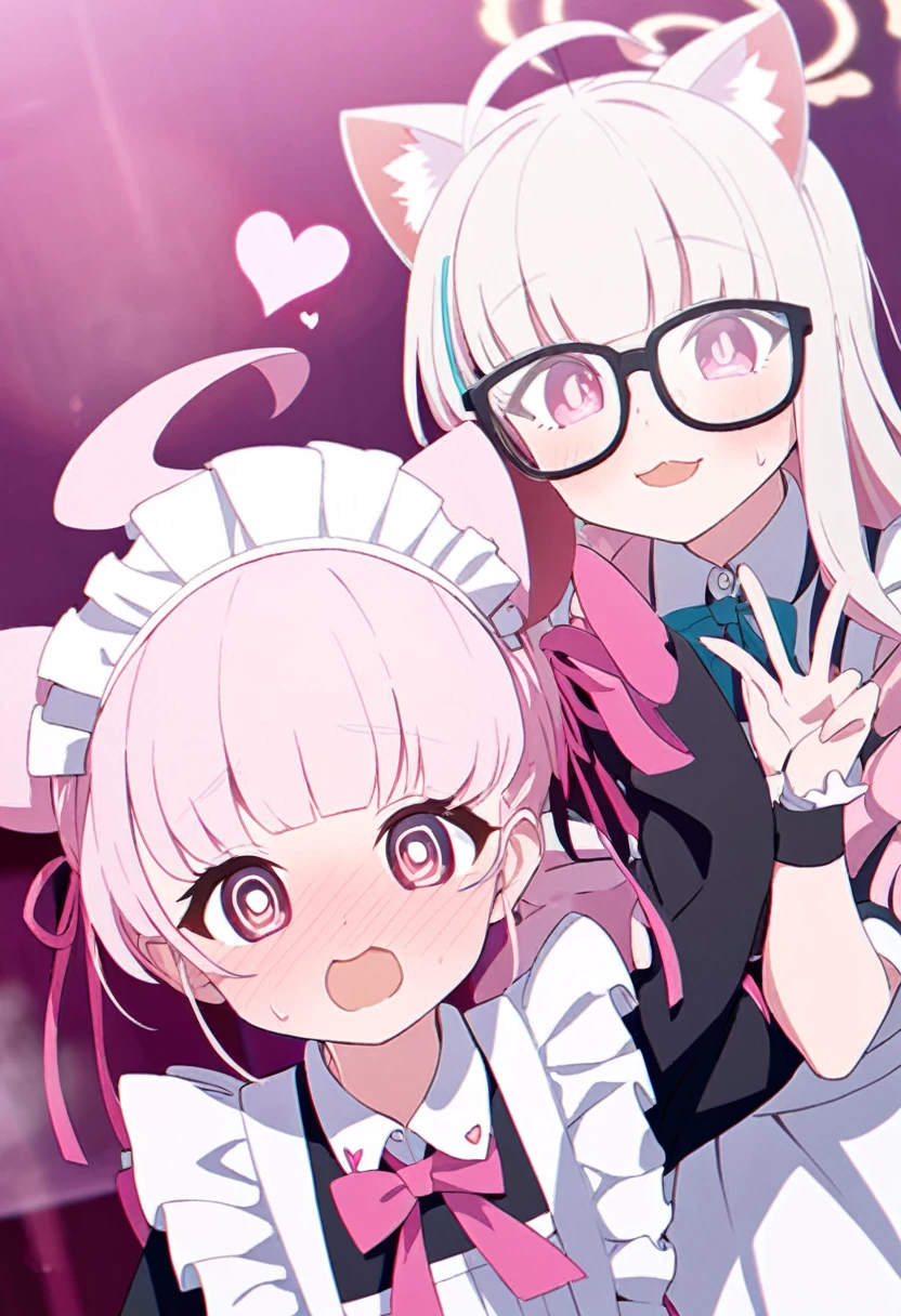 I have white pink hair, cat ears, a bun, my face is super blushing, black glasses, pink heart eyes, a maid's outfit, white stockings, white shoes, a cat's tail, a very shy girl sitting on a table. bed