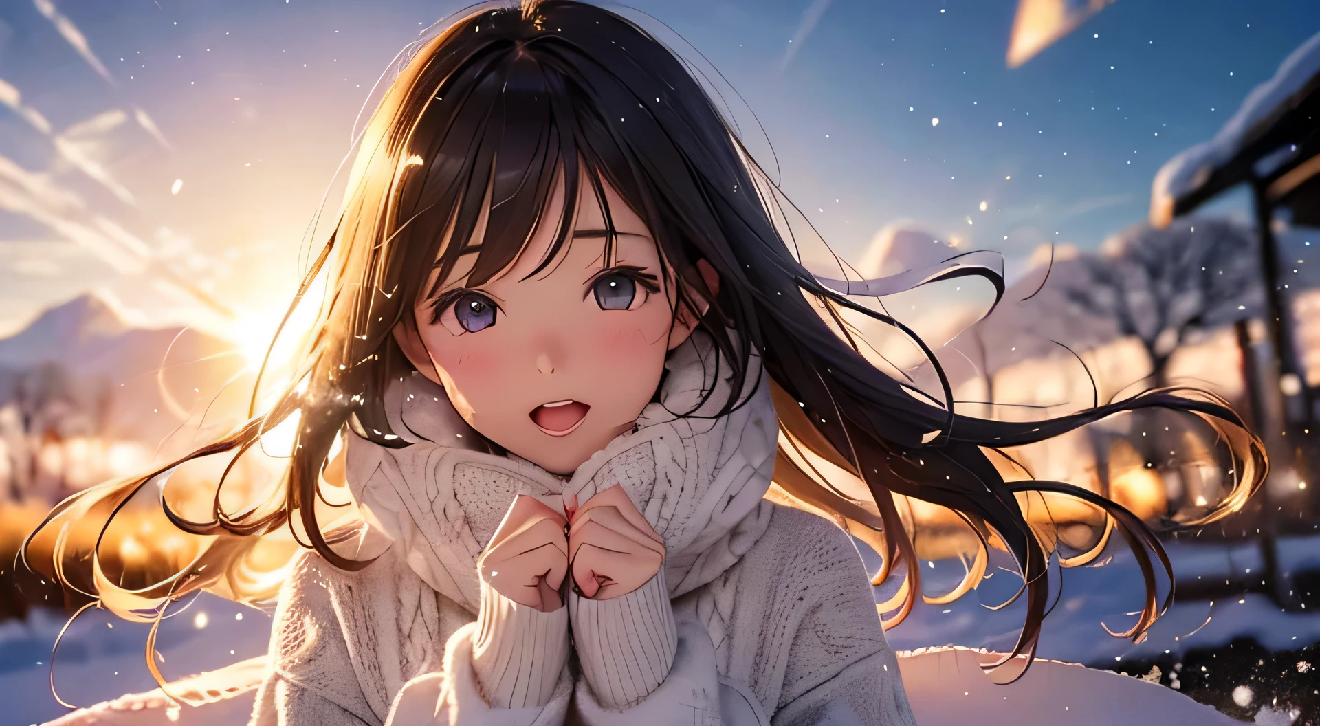 girl, Cozy sweater,music、With upper body, (LOL: 1.1), (Open your mouth: 1.1), (With eyes wide open: 1.2), Sun glare, Bokeh, Depth of written boundary, Blurred Background, Particles of light, Strong winds, (Heart Particles: 1.1)、Background snow falling