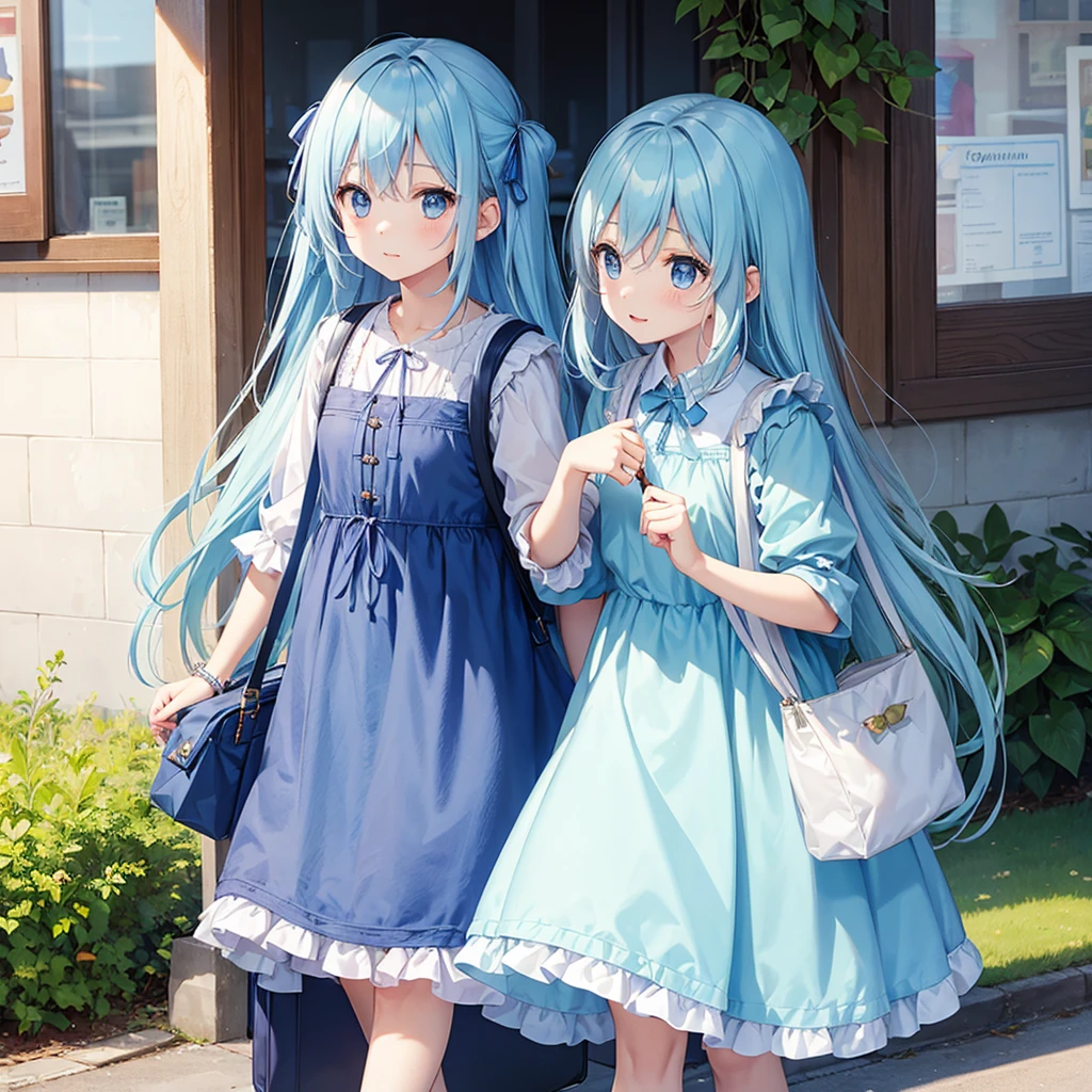 Girl with long light blue hair、Patchwork dress、Small and cute girl、Carrying a bag bigger than one&#39;s body、Deep blue eyes、Full-body portrait、Staring at me with cold eyes、Blue shoes