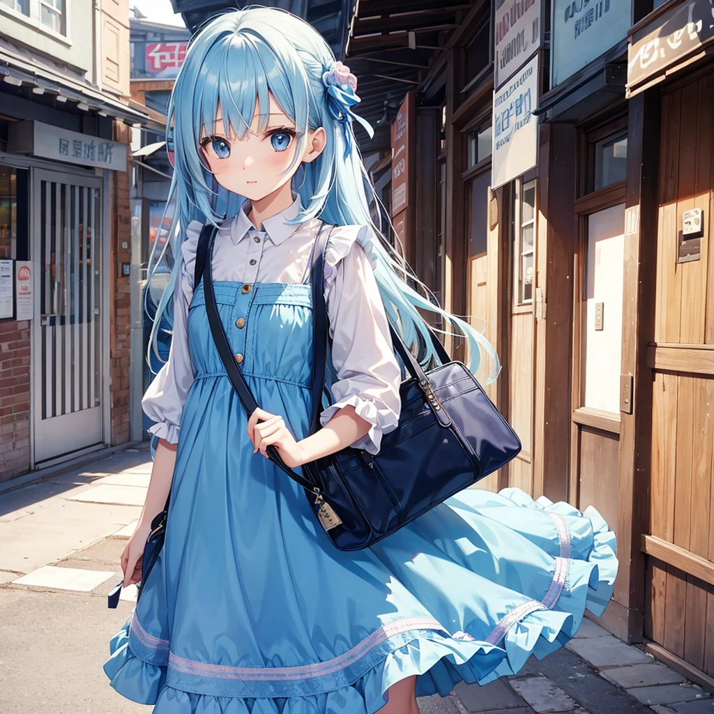 Girl with long light blue hair、Patchwork dress、Small and cute girl、Carrying a bag bigger than one&#39;s body、Deep blue eyes、Full-body portrait、Staring at me with cold eyes、Blue shoes
