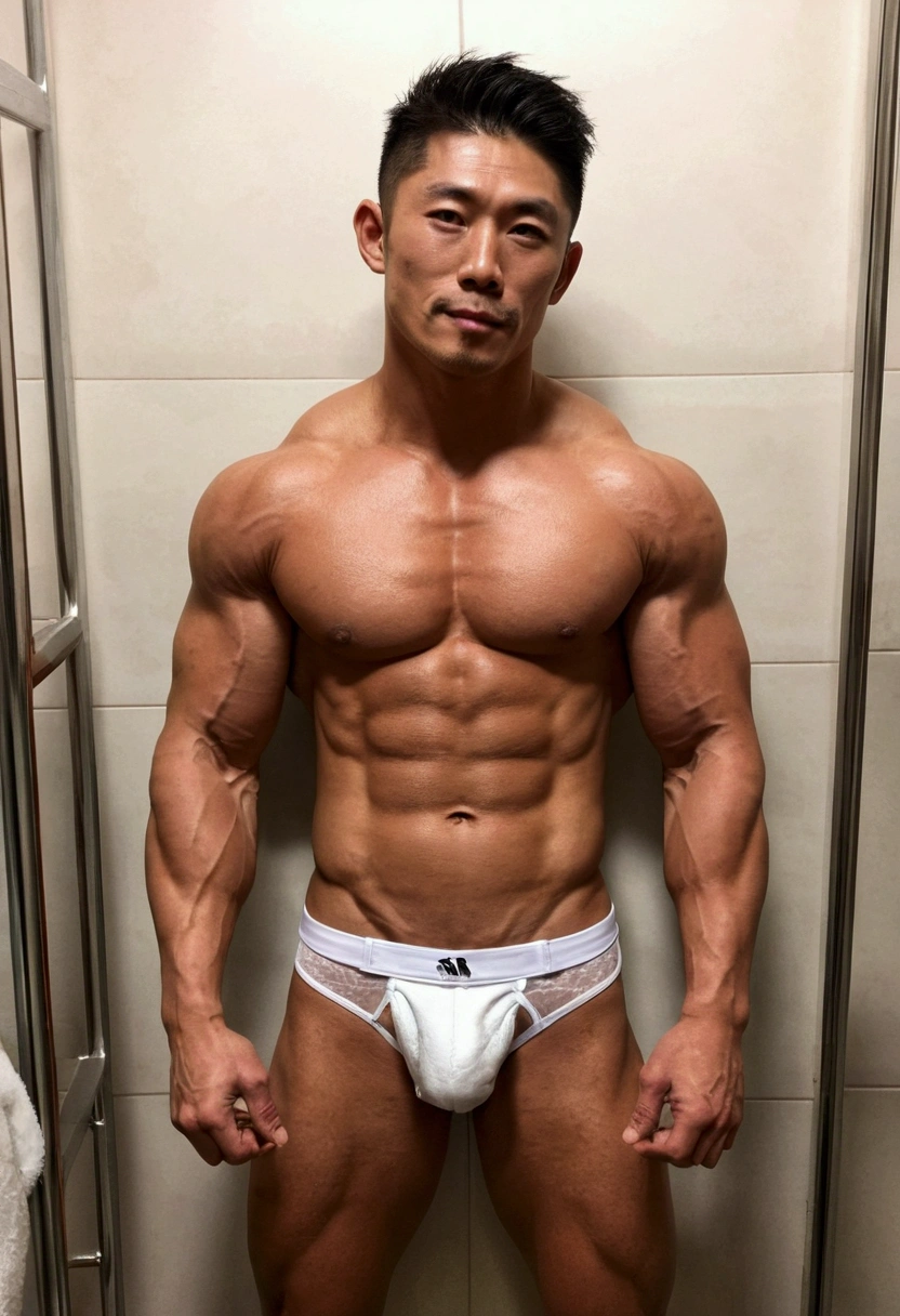 Japanese muscle man，Muscular，There are muscle lines，Brush Cut，Upper body naked，Wearing a white jockstrap，surely、Indoor shooting、Selfie、Public toilet