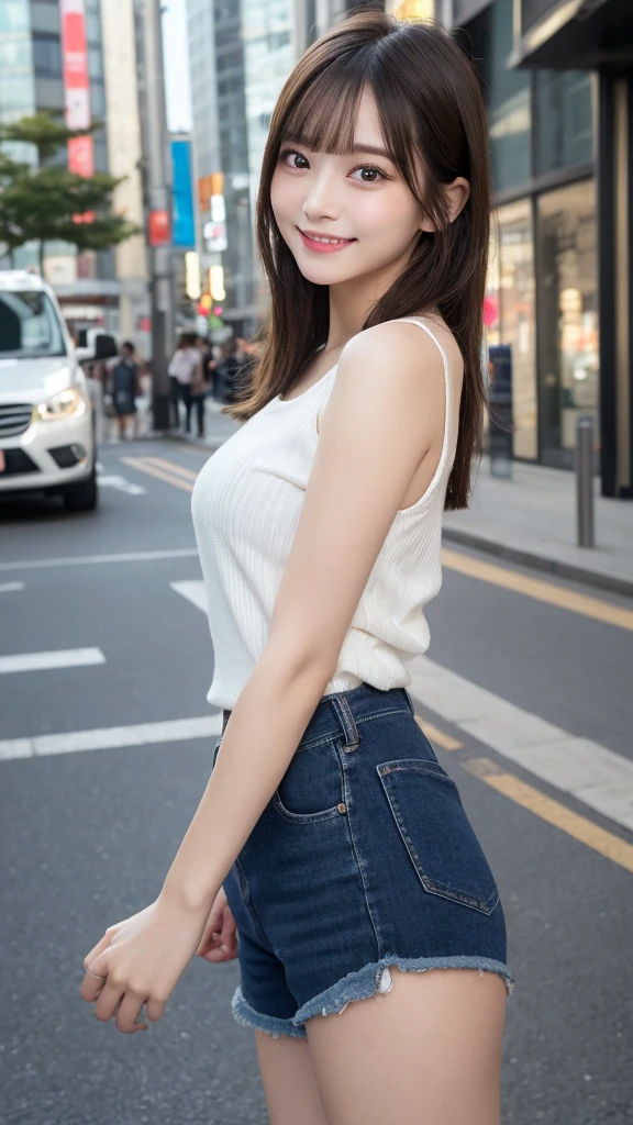 masterpiece、Highest quality、Official Art、Highly Detailed CG Wallpaper in Unity 8K、Tank top、armpit、Like a 、Very delicate and beautiful、Ultra-high resolution、(Photorealistic:1.4)、Twilight、bustling street、(Upper body)、(Puffy eyes)、Looking at the audience、Facing forward、Detailed face、mini skirt、Walking、smile