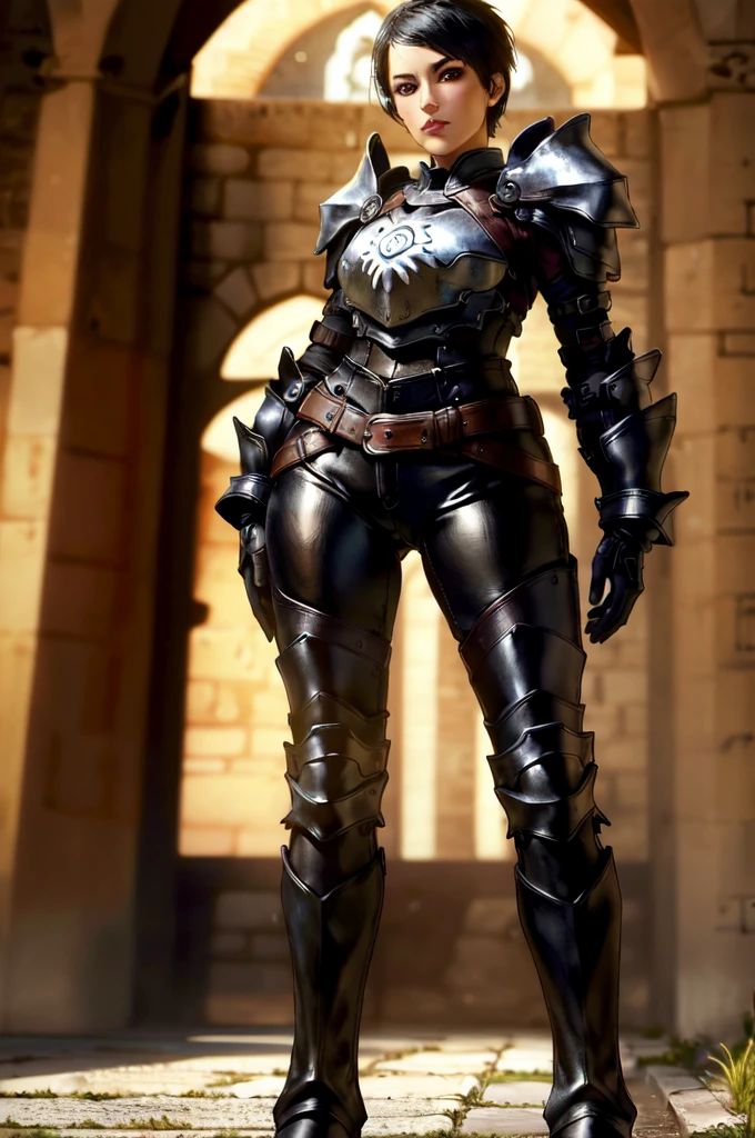 (masterpiece, best quality, ultra detailed, absurdres)1.5, 1girl, (sexy, beautiful woman, perfect face, perfect eyes, perfect female body)1.5, (cassandrada, short hair, black hair, armor, shoulder armor, leather pants, armored boots, gloves, ), (standing, medieval castle), perfect lighting, smooth, hdr