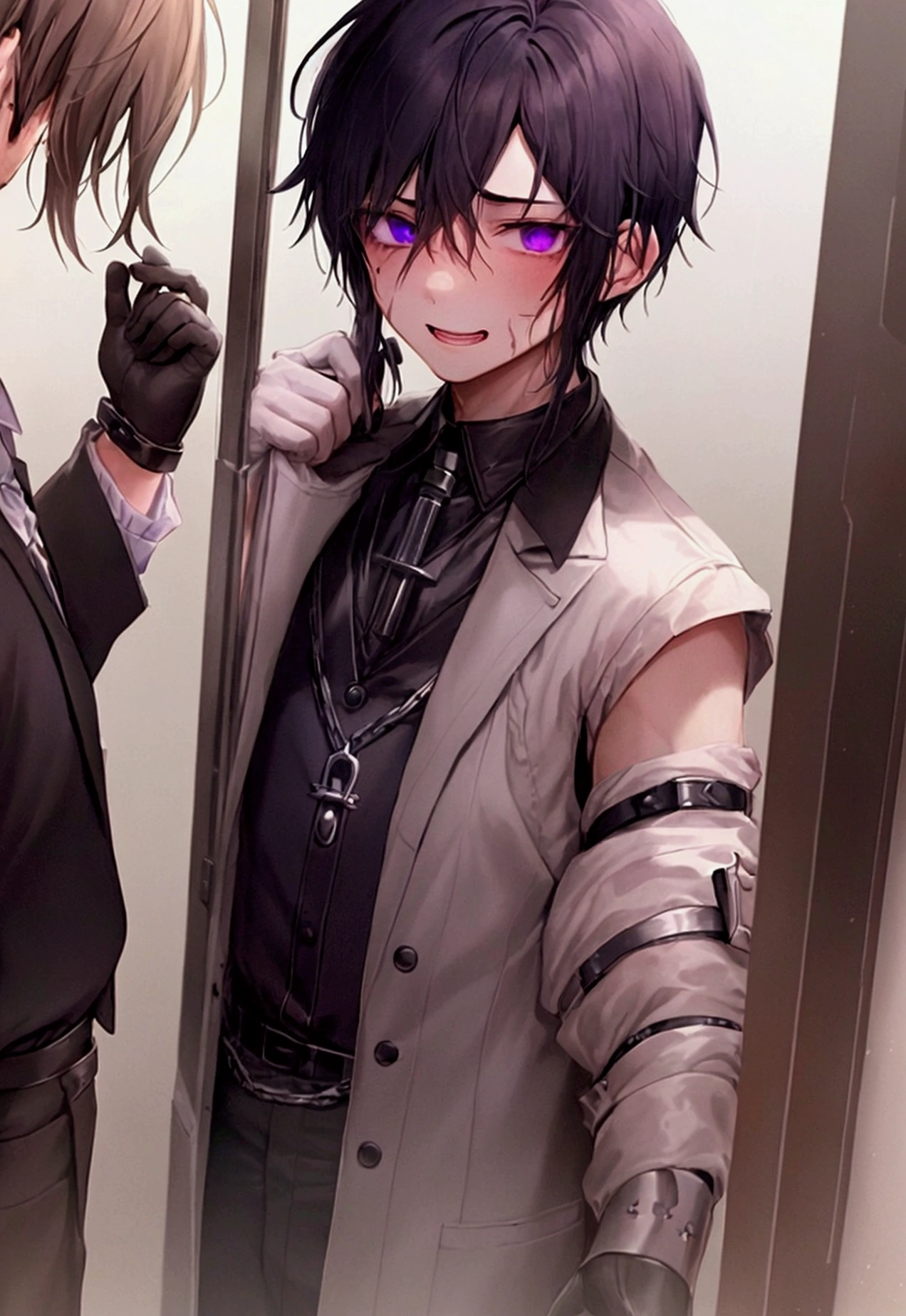 A Drawing with Identity V 2D style, with two boys, In the drawing you can see a: (( Person 1: 17-year-old white and freckled boy, short and wavy dark hair, light brown eyes and a Victorian Steampunk style suit, alchemist type, black gloves and Goggles on his head, He has feminine beauty and looks like a 14-year-old boy; )) + (( Person 2: is a boy 21 years old, with fair skin, messy brown hair is pulled into a short ponytail, with strands of hair sticking up from his head, thin, arched brown eyebrows, and warm grey eyes cross-stitched with black thread, the left of which is swollen purple, with a purplish-grey bruised eyelid obscuring half of his left eye. A tiny fang sticks out the left corner of his grinning mouth, revealing white teeth, He wears a slightly stained prisoner's shirt with a high collar and long, tapered sleeves, skinny jeans, and a leather belt with two satchels attached, in the left of which a hammer, some wire, rope, and a screwdriver are visible, and in the right of which a small wrench is visible. He also wears buckled leather boots with matching boot garters buckled up to his knees, and around his neck is a large metal shackle with a broken chain dangling from it. He also wears stained, filthy light grey cotton gloves with haphazard white stitching and thick cuffs. White linen bandages wrap around his neck and left forearm. A tear is visible in his left forearm, showing cotton stuffing. )) Person One is on top of Person 2 since he accidentally fell on top of him... Person Two is very surprised!; ((The background is a disorganized Victorian Steampunk workshop.))