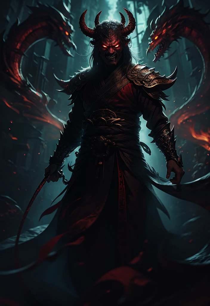 Hell Demon, Black-scaled youkai, Chinese legend hell scene, Extreme horror, Zhang Yimou's film style, The picture is bright, Extremely detailed line drawings CG artwork, See the devil clearly, Demonic face, Detailed face, There is an open and clenched fist state, Light and shadow effect, Beautiful and dynamic pose, Detailed rendering, Colorful scenes, Full of depth, Vibrant lighting effects, Sketch a magnificent and mysterious atmosphere