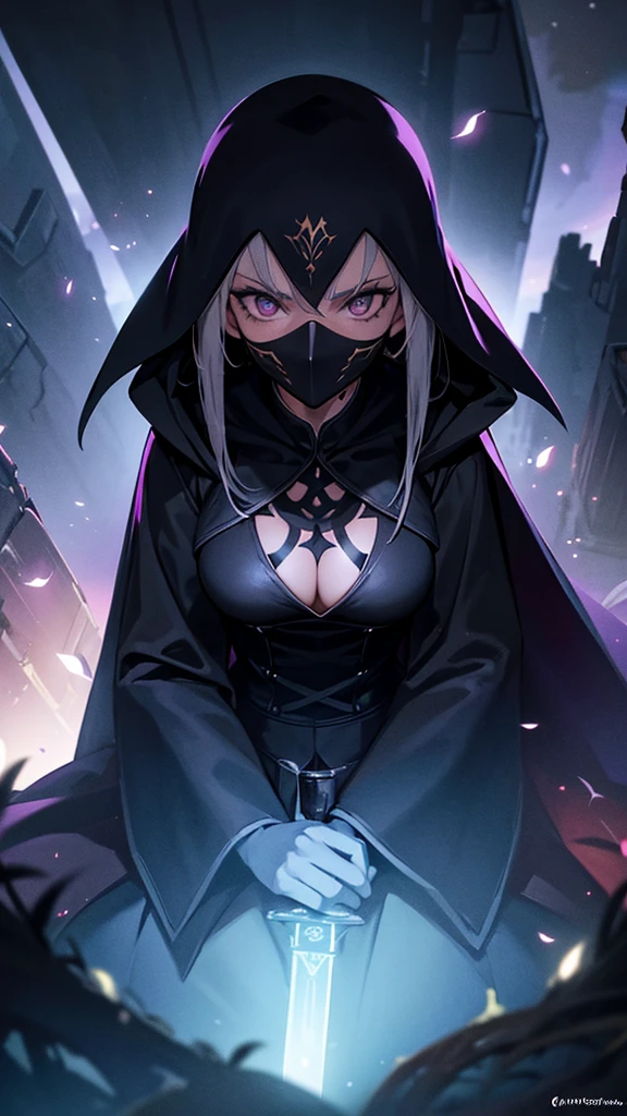 a woman wearing a cool mask, black robe, is sitting. on top of the city tower while holding a sword, with realistic lighting effects, accompanied by the glow of flying fireflies adding to the impression of a religious feel, with photo results, HDR, 8k, anime,