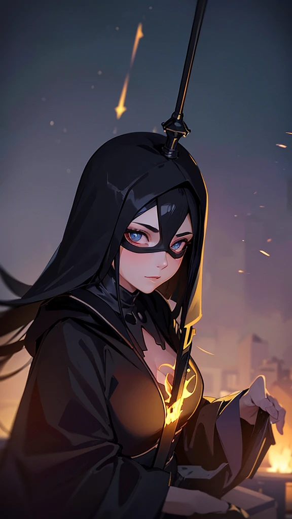 a woman wearing a cool mask, black robe, is sitting. on top of the city tower while holding a sword, with realistic lighting effects, accompanied by the glow of flying fireflies adding to the impression of a religious feel, with photo results, HDR, 8k, anime,