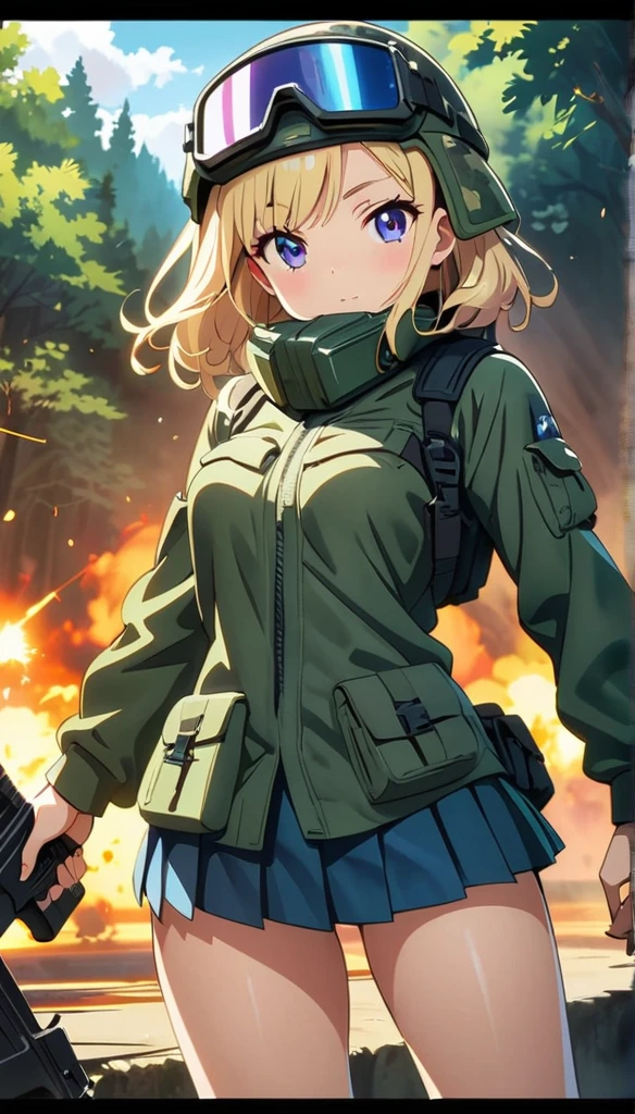 (anime artwork, anime style, studio anime, very detailed, up to date, vibrant, Anime Coloring, high contrast, masterpiece:1.2, best quality, best aesthetics),camouflage clothing,camouflage helmet, pleated skirt, Medium chest, A glimpse of thighs,random hair, One eye is hidden by the bangs, perfect proportions, high detail skin, Cute, detailed faces, random sexy pose,forest, precise fingers,panty shot Girl shooting automatic rifle, (muzzle explodes:1.2), (looks into sight), finely drawn automatic rifle, bulletproof suit, (turn towards the viewer), syncs body orientation and gaze, dynamic angle, battle, war,