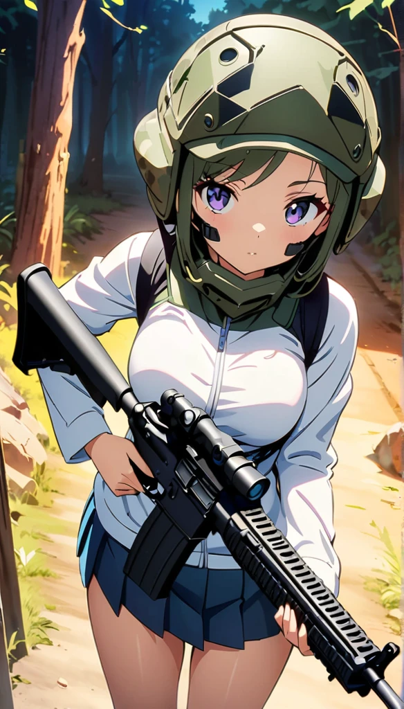 (anime artwork, anime style, studio anime, very detailed, up to date, vibrant, Anime Coloring, high contrast, masterpiece:1.2, best quality, best aesthetics),camouflage clothing,camouflage  helmet, pleated skirt, Medium chest, A glimpse of thighs,random hair, One eye is hidden by the bangs, perfect proportions, high detail skin, Cute, detailed faces, random sexy pose,forest, precise fingers,panty shot Girl shooting automatic rifle, (muzzle explodes:1.2), (looks into sight), finely drawn automatic rifle, bulletproof suit, (turn towards the viewer), syncs body orientation and gaze, dynamic angle, battle, war,