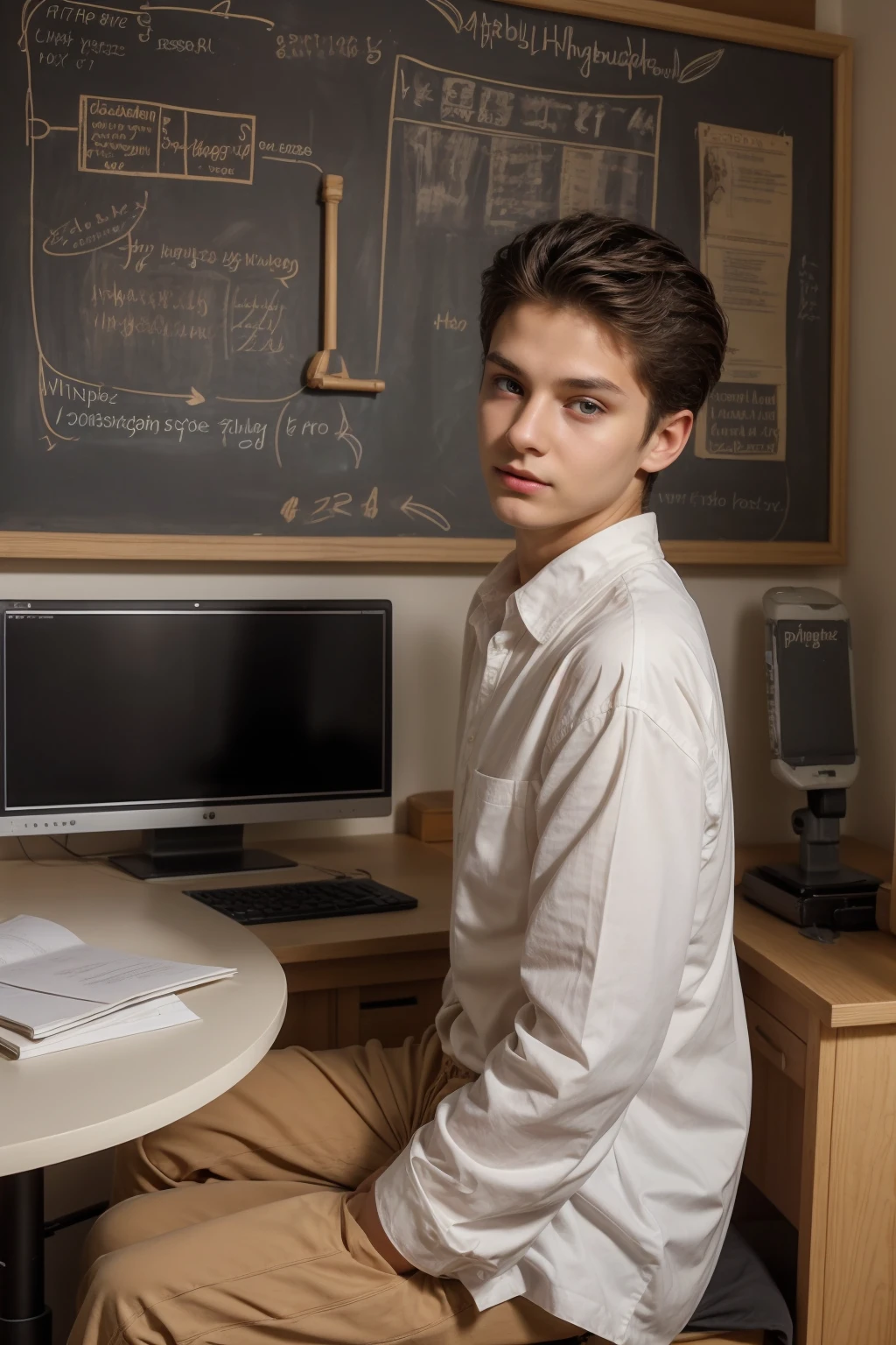 A young male twink, 22 years old, with a cute, angel-faced face with makeup and black hair, wearing a luxurious, long-sleeved, white shirt and brown medieval pants. Behind him is a blackboard with the shape of the brain, its anatomy, and brain cells written on it. He looks proudly as he sits at a desk with medical tools on it. He has an innocent face