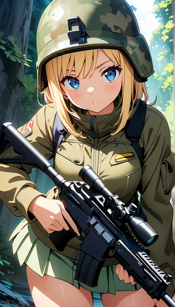 (anime artwork, anime style, studio anime, very detailed, up to date, vibrant, Anime Coloring, high contrast, masterpiece:1.2, best quality, best aesthetics),camouflage clothing,camouflage helmet, pleated skirt, Medium chest, A glimpse of thighs,random hair, One eye is hidden by the bangs, perfect proportions, high detail skin, Cute, detailed faces, random sexy pose,forest, precise fingers,panty shot Girl shooting automatic rifle, (muzzle explodes:1.2), (looks into sight), finely drawn automatic rifle, bulletproof suit, (turn towards the viewer), syncs body orientation and gaze, dynamic angle, battle, war,