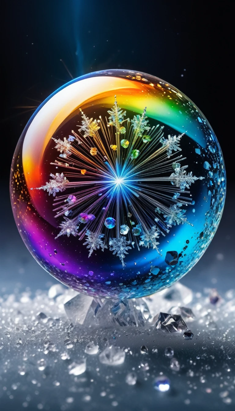 Highest quality, Super Fine, 16K, delicate and dynamic, The world of the planet with the largest absolute zero image in the universe, Freeze and swallow everything, atom, molecular, suspension, beautiful crystals, Shiny rainbow effect