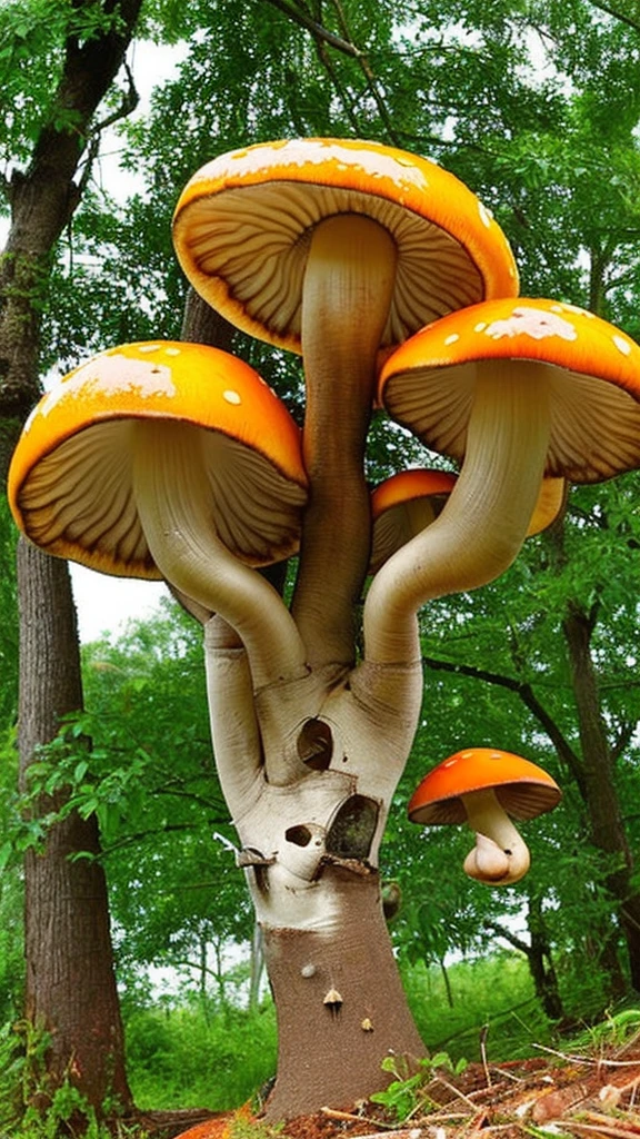 Big mushrooms growing on a tree, orange mushrooms, poisonous mushrooms, one tree, one mushroom, insects eating mushrooms