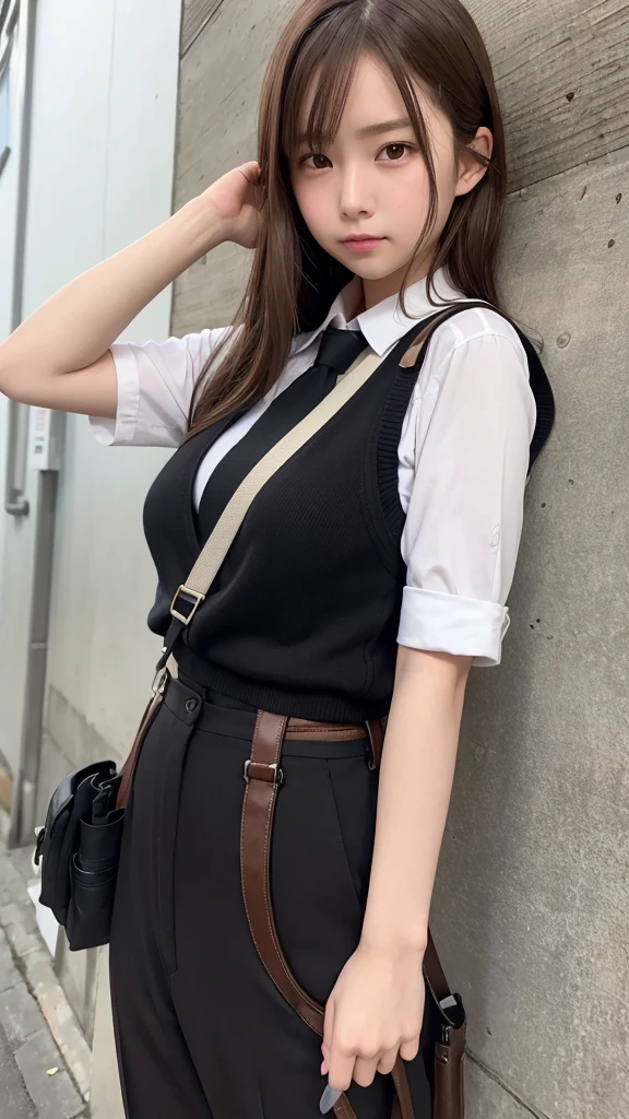 masterpiece、Flat Color、Depth of written boundary、Lens Flare 1 Girl、、Brown Hair、Staring at the audience suspenders Big ample breasts Armpit sweat sweating Sides of both hands wall: Black trousers, black jacket holster arm Put the holster back on arma sight Small face バングスsuspenders