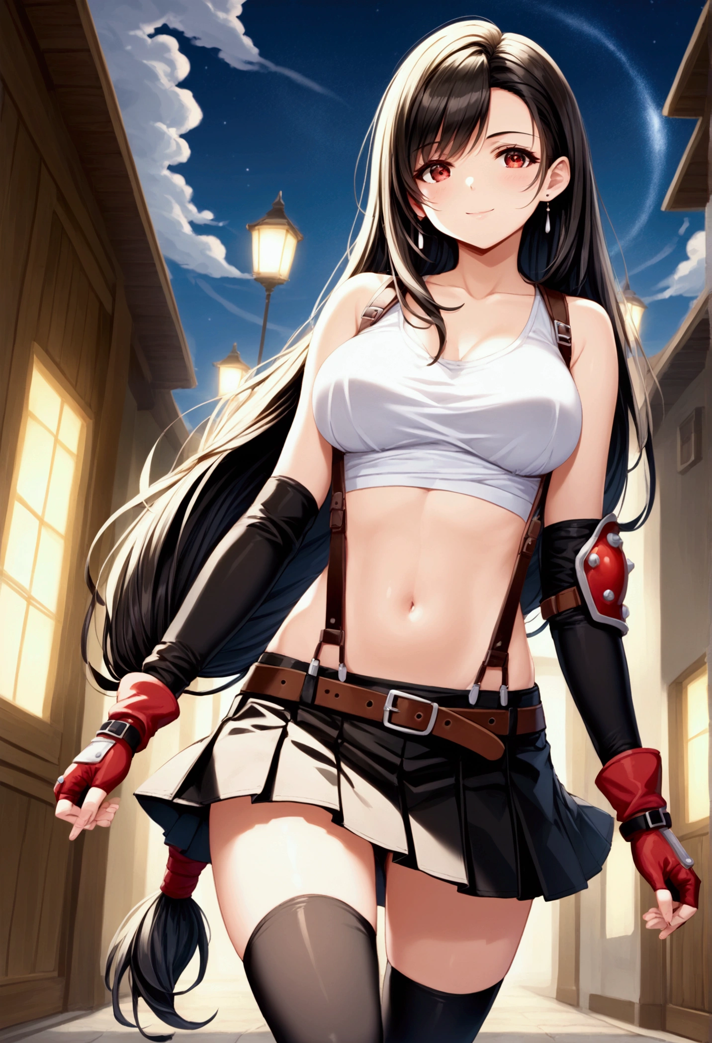 (score_9,score_8_up,score_7_up), masterpiece, best quality, 
newest, recent, perfect anatomy,
official art, best perspective, depth of field,,
very aesthetic, illustration, perfect composition,, ,from above,,contrapost pose,(upperbody) ,,straight-on,Solo,1girl, tifa lockhart, final fantasy,black hair, low-tied long hair, red eyes, bangs, (white tank top,gap),High exposure，Belly exposure，the ribs，(belt, pleated skirt, thighhighs, elbow fingerless gloves, elbow pads, midriff, navel,suspenders.skirt),beautiful waist ,(large_breast:1.3),light smile,side pose,,daytime,outdoor,star sky,night, 　　