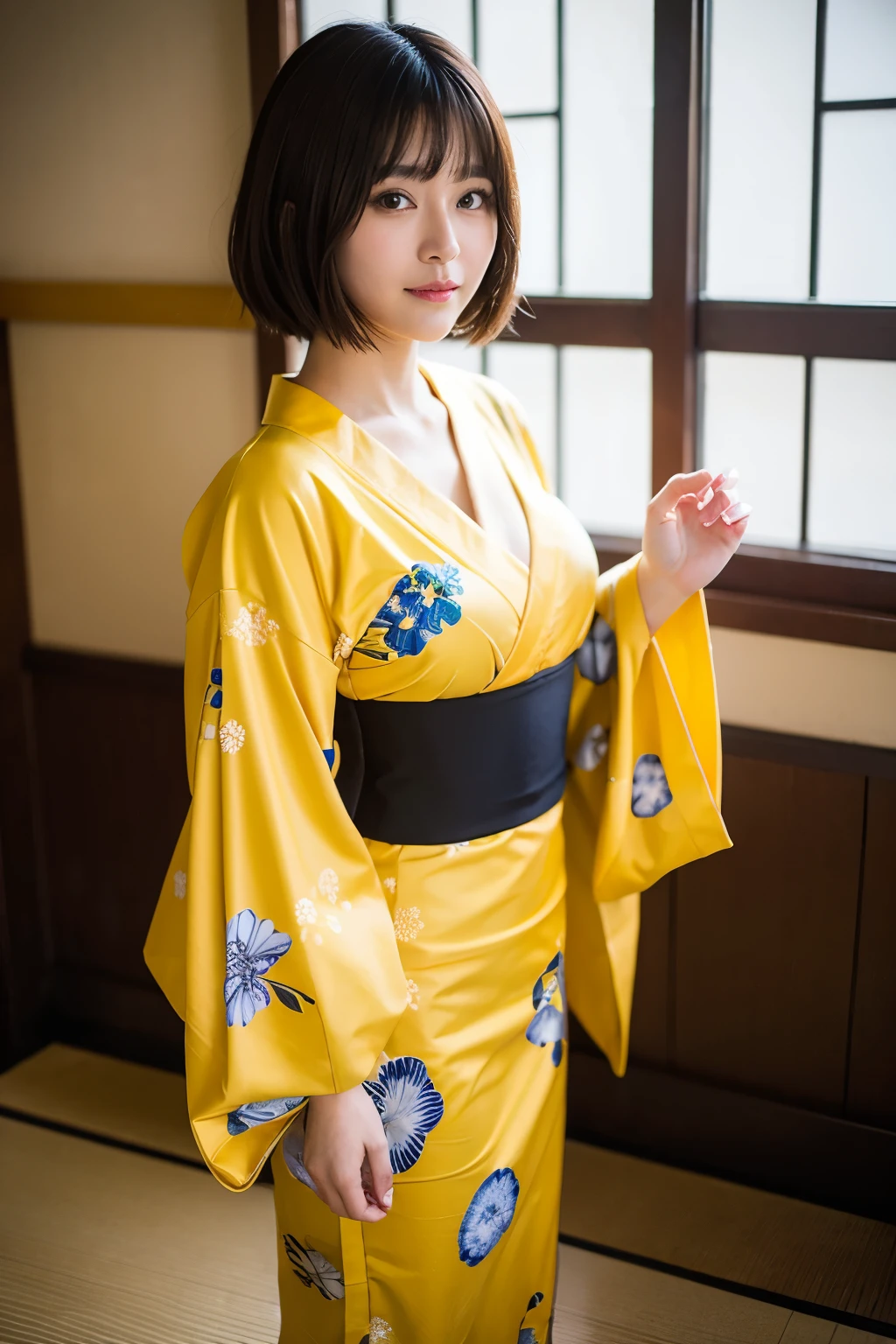 ((Highest quality)), ((masterpiece)), (detailed), One girl, sexy、Traditional Yukata、Japanese、Yellow outfit、Luxurious obi、Black Hair