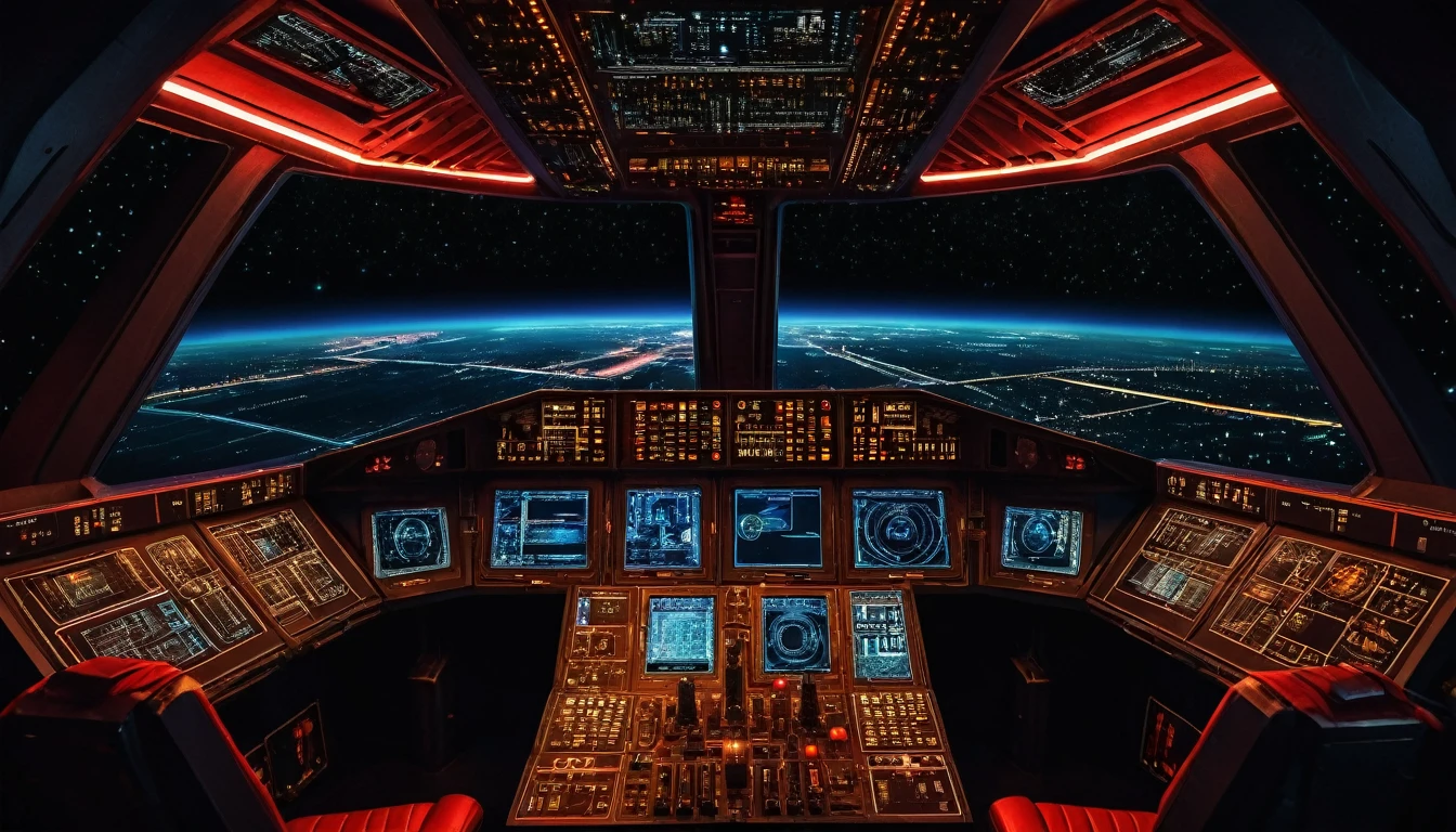 (masterpiece),(highest quality), highres, (extremely detailed), (best lighting) View from drivers seat, Spaceship cockpit, spaceship controls, black outer space background though the window, black starry background, Soviet Emblem logo, Soviet aesthetic, Symmetrical environment, spaceship bridge, realistic, crisp image quality, neon lights, sovietpunkai