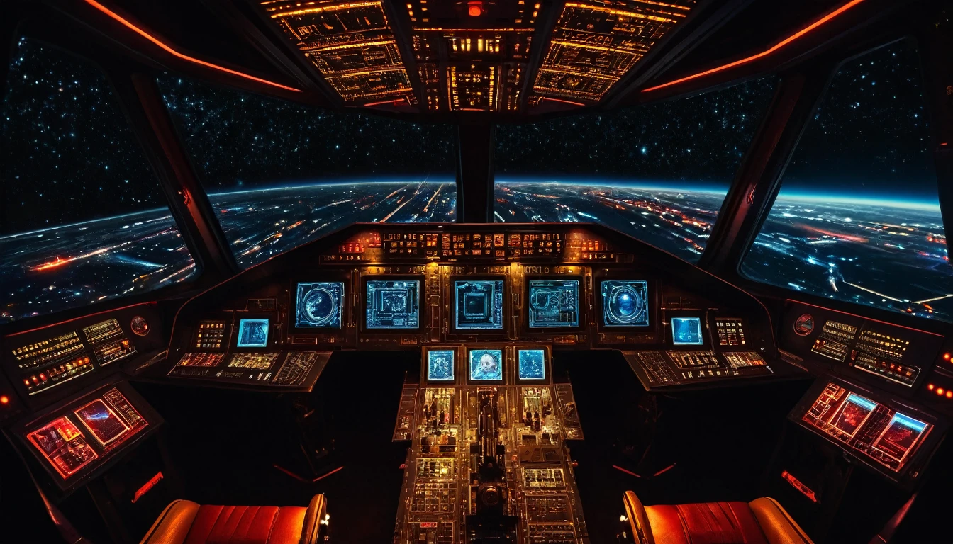 (masterpiece),(highest quality), highres, (extremely detailed), (best lighting) View from drivers seat, Spaceship cockpit, spaceship controls, black outer space background though the window, black starry background, Soviet Emblem logo, Soviet aesthetic, Symmetrical environment, spaceship bridge, realistic, crisp image quality, neon lights, sovietpunkai